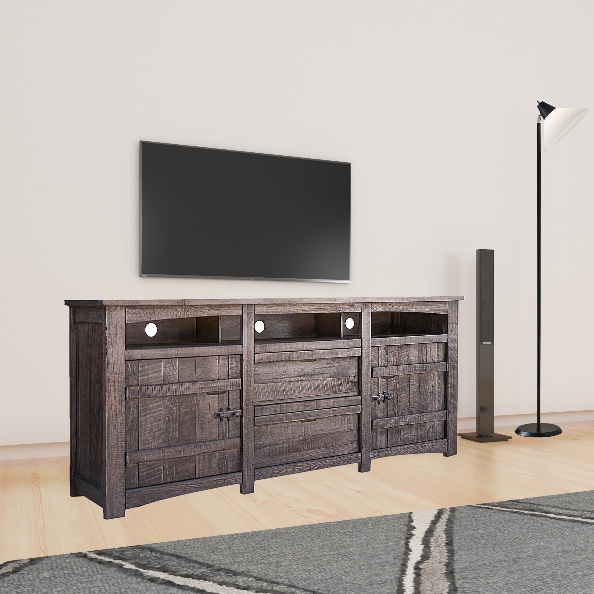 Solid Wood Cabinet, Enclosed Storage Distressed TV Stand - Gray