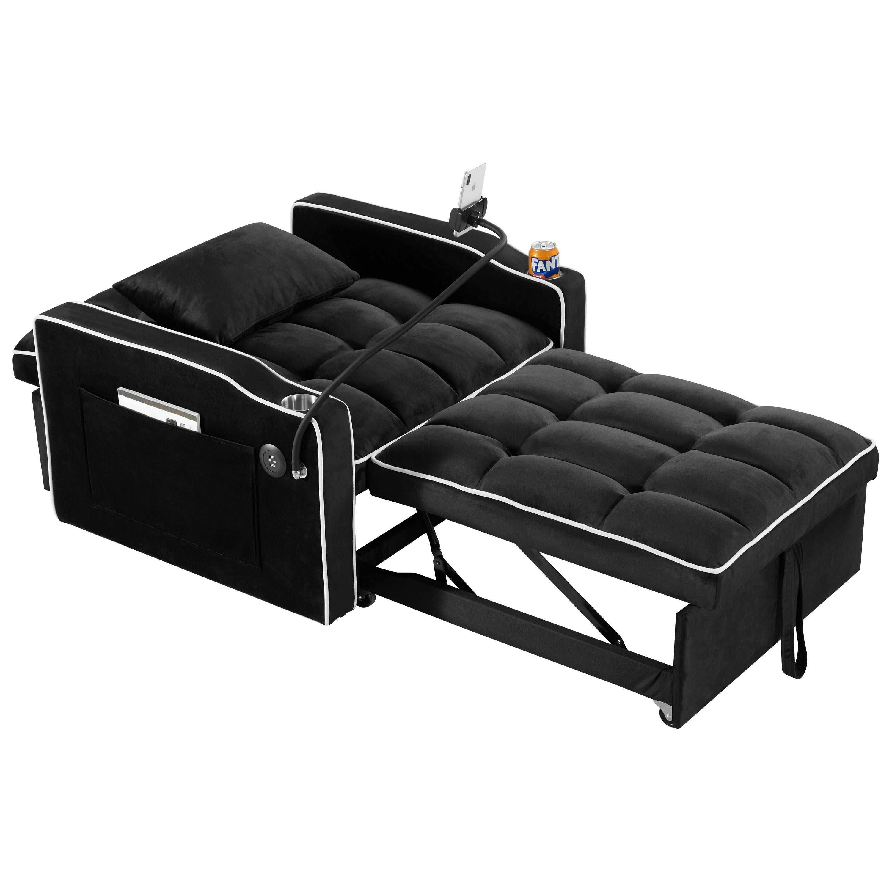 Convertible Sleeper Chair Sofa Bed Adjustable Pull Out Sleeper Chair Bed Multi-Pockets Folding Sofa Bed For Living Room Bedroom Small Space, 3 In 1 Sofa Bed