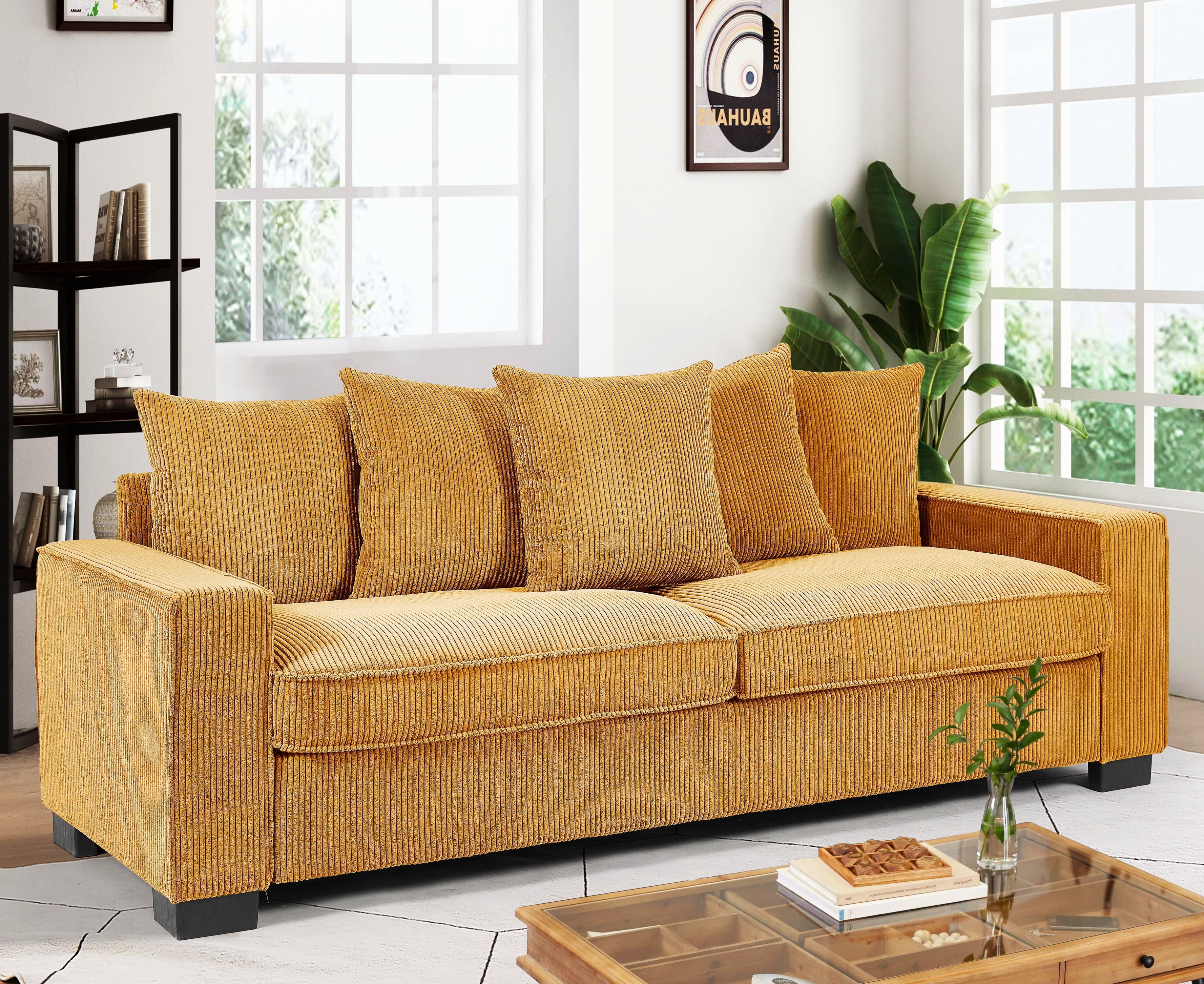 Luxe Corduroy Sofa With 5 Matching Toss Pillows, Sleek Design, Spacious And Comfortable 3 Seater Couch