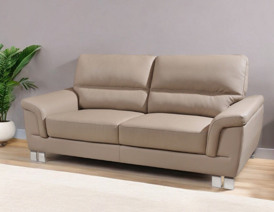 Faux Leather Sofa With Silver Legs - Beige