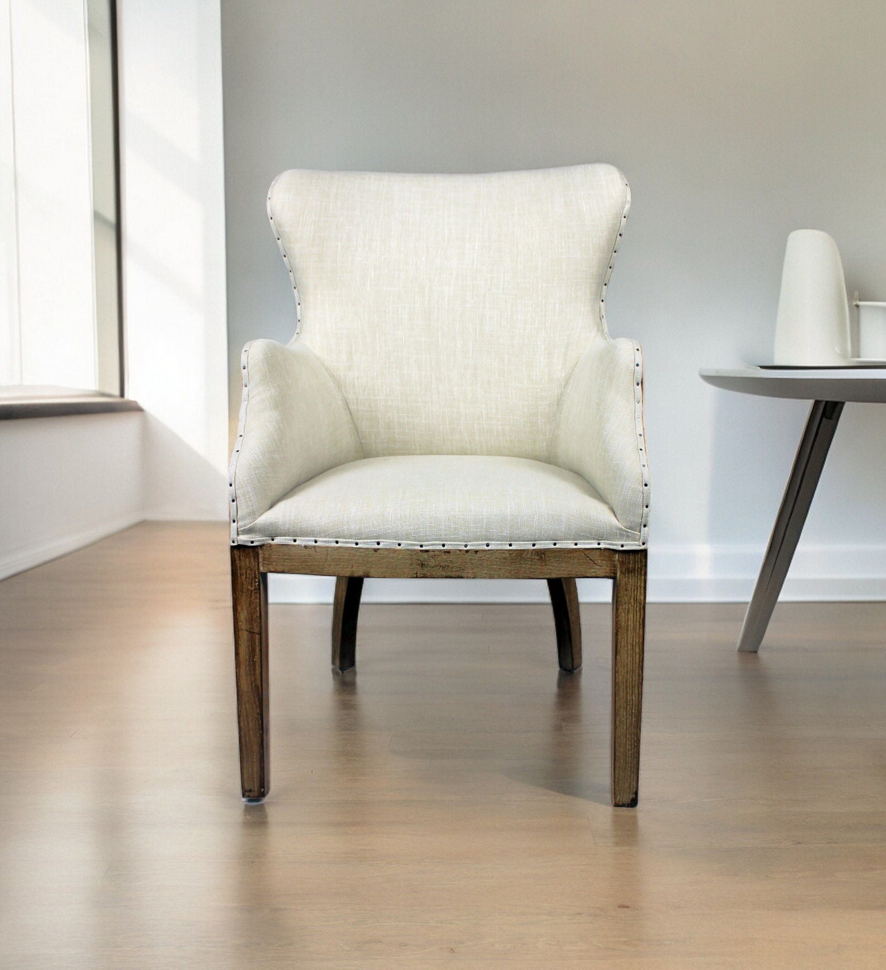 Fabric And Solid Wood Dining Arm Chair - Ivory / Brown