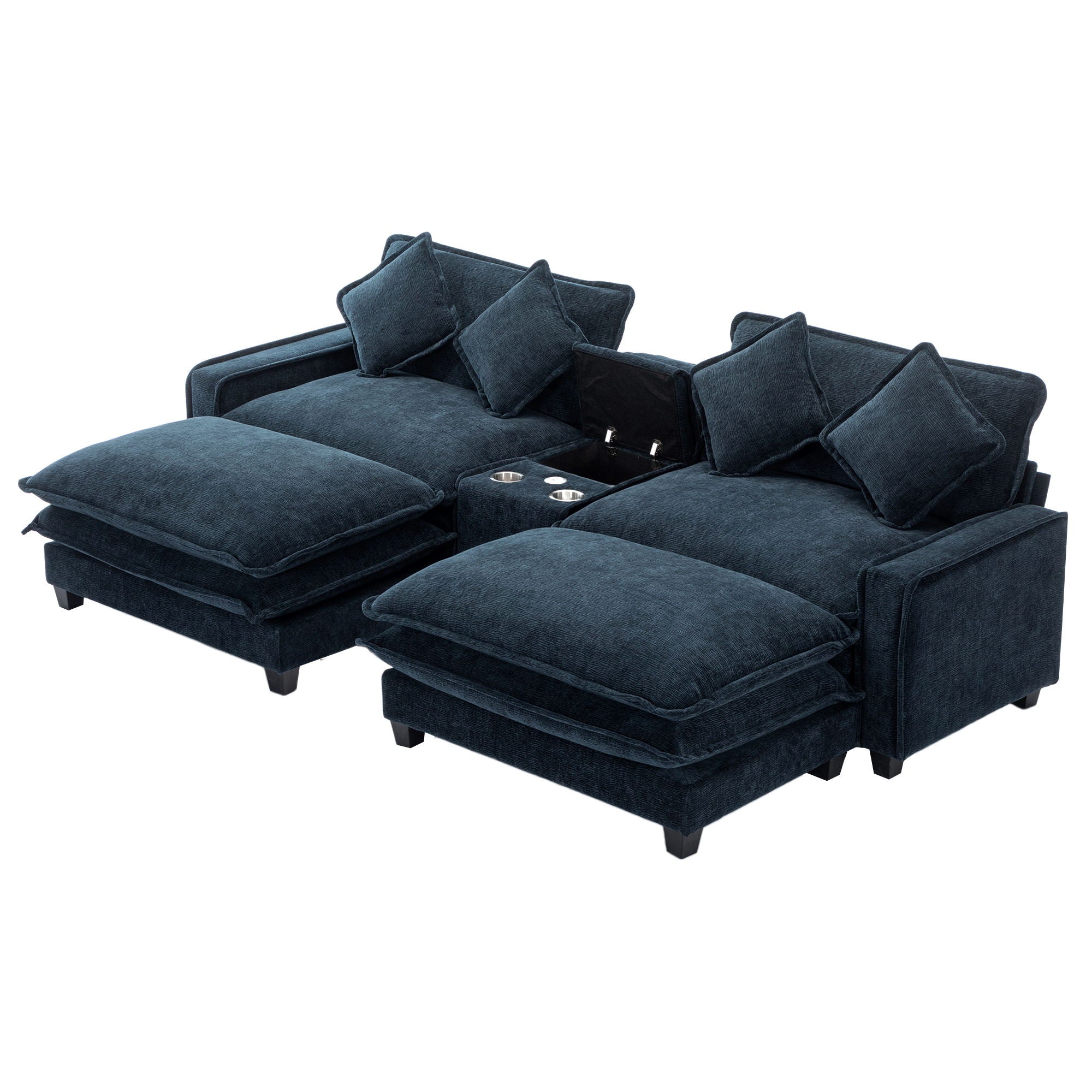 Sectional Sofa Chenille Upholstered Sofa With Two Removable Ottoman, Two USB Ports, Two Cup Holders And Large Storage Box For Living Room