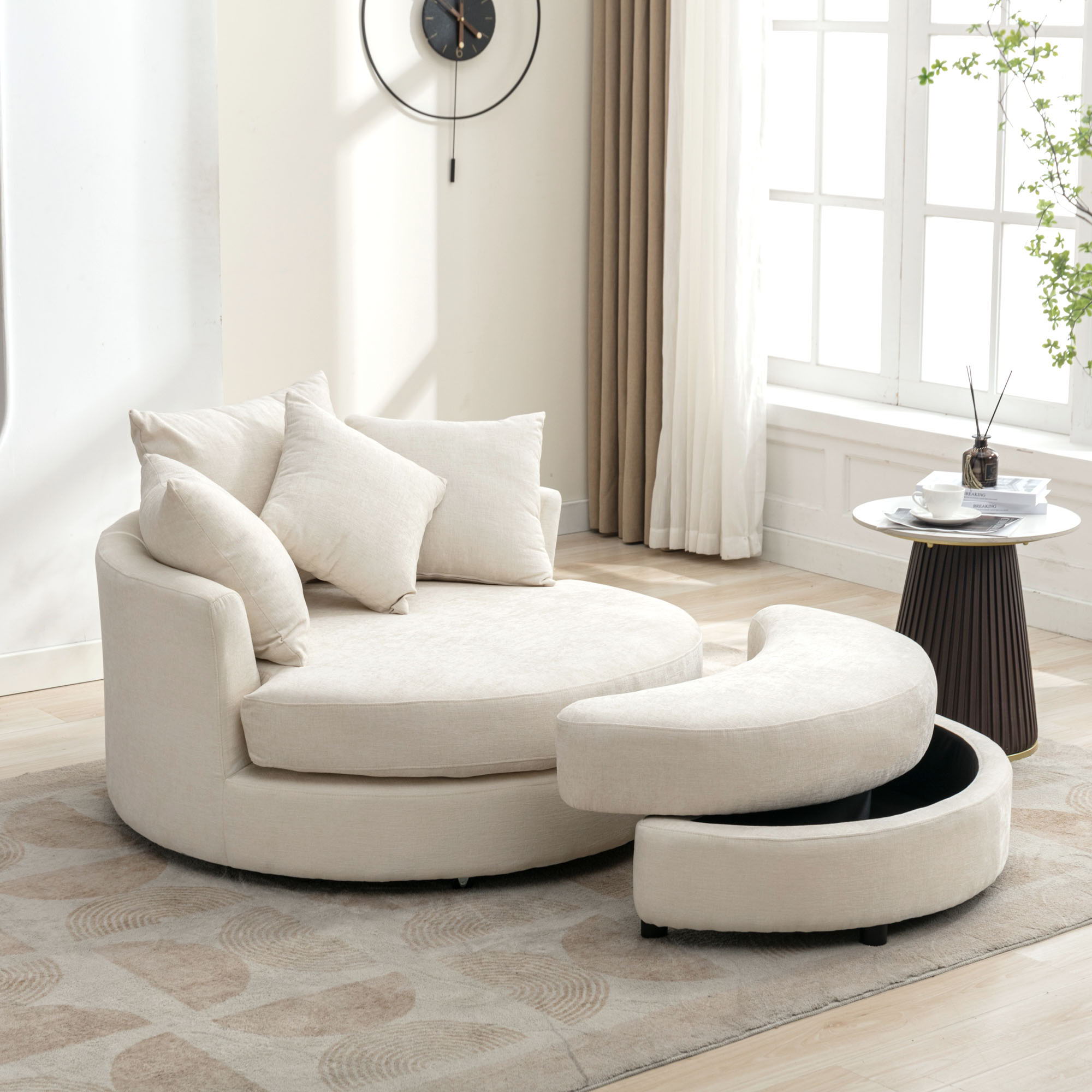 360° Swivel Accent Barrel Chair With Storage Ottoman & 4 Pillows, Modern Chenille Leisure Chair Round Accent For Living Room