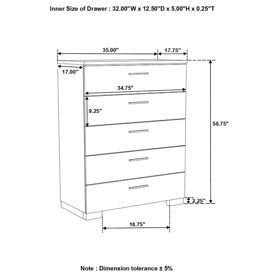 Felicity - 5-Drawer Bedroom Chest - White High Gloss