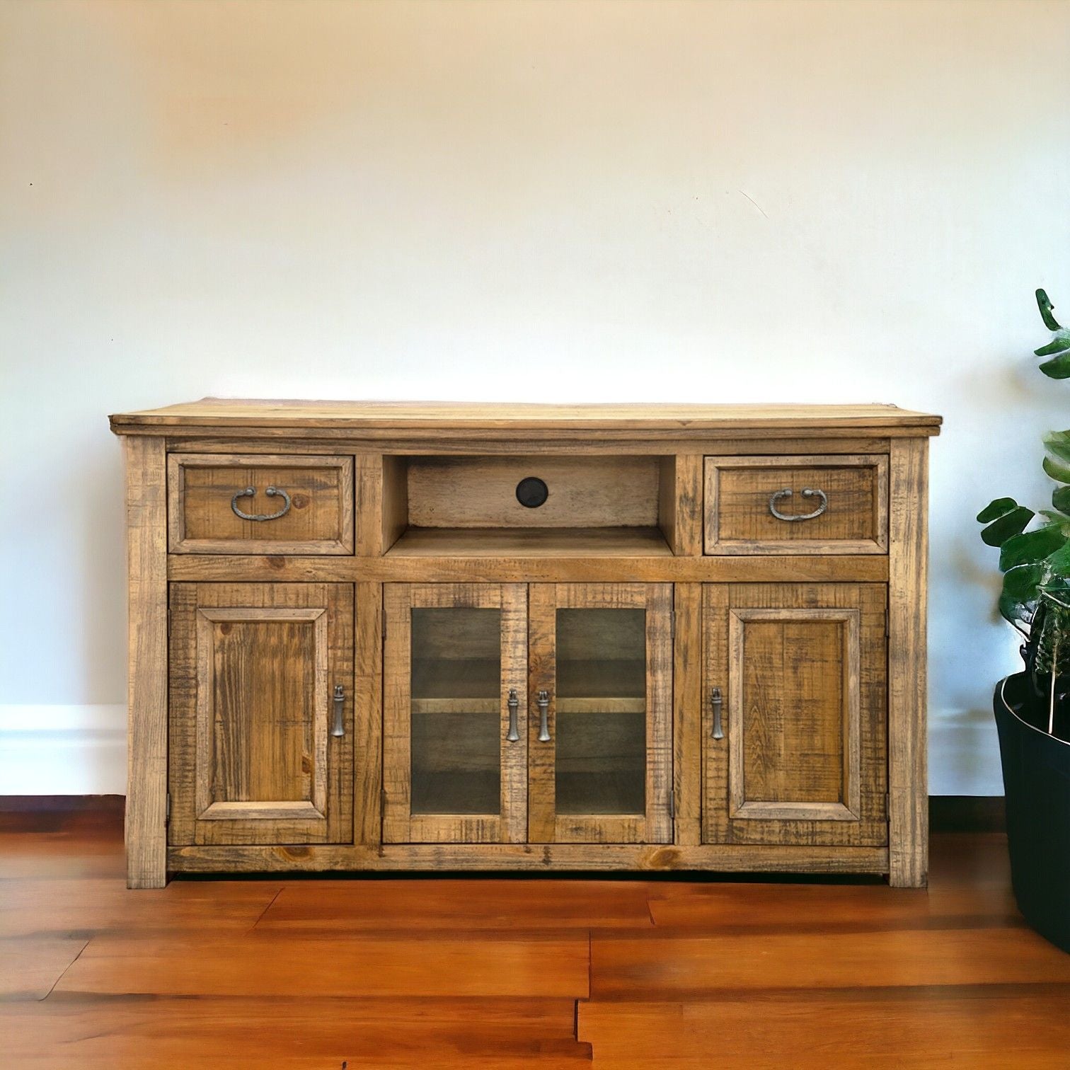 Solid Wood Cabinet Enclosed Storage Distressed, TV Stand - Brown