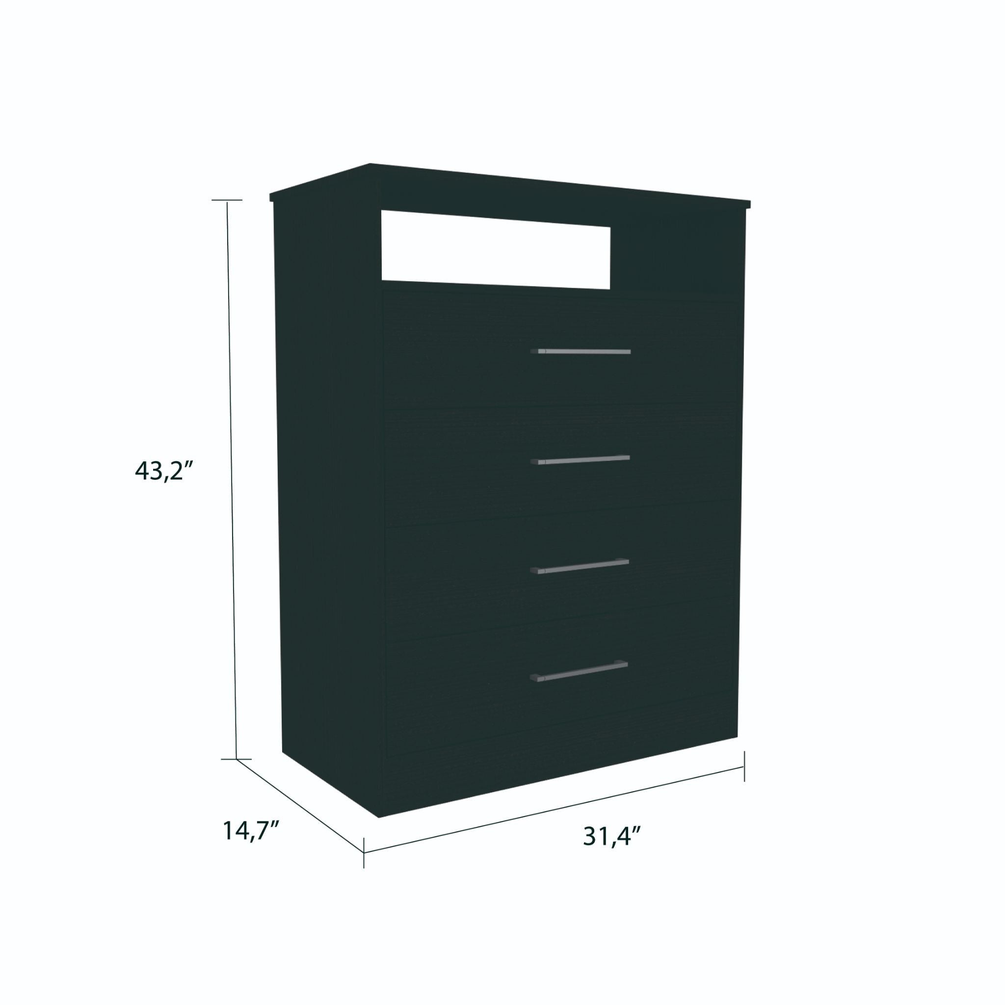 Modern Four Drawer Dresser With Hutch - Black