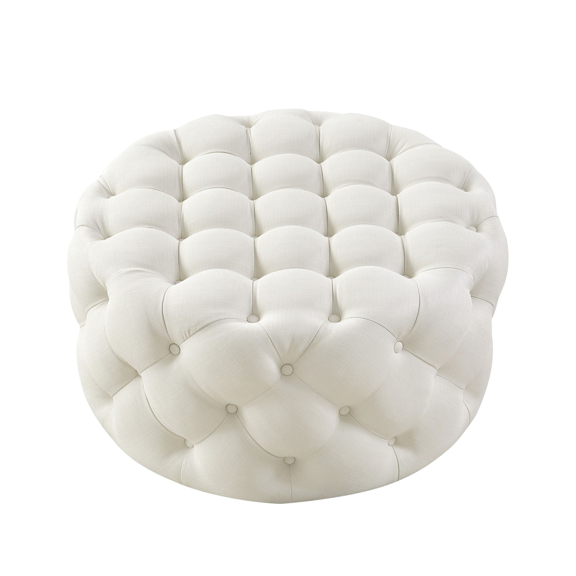 Linen Rolling Tufted Round Cocktail Ottoman - White