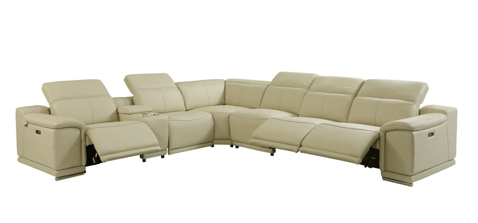 Italian Leather Power Reclining, U Shaped Seven Piece Corner Sectional With Console - Beige