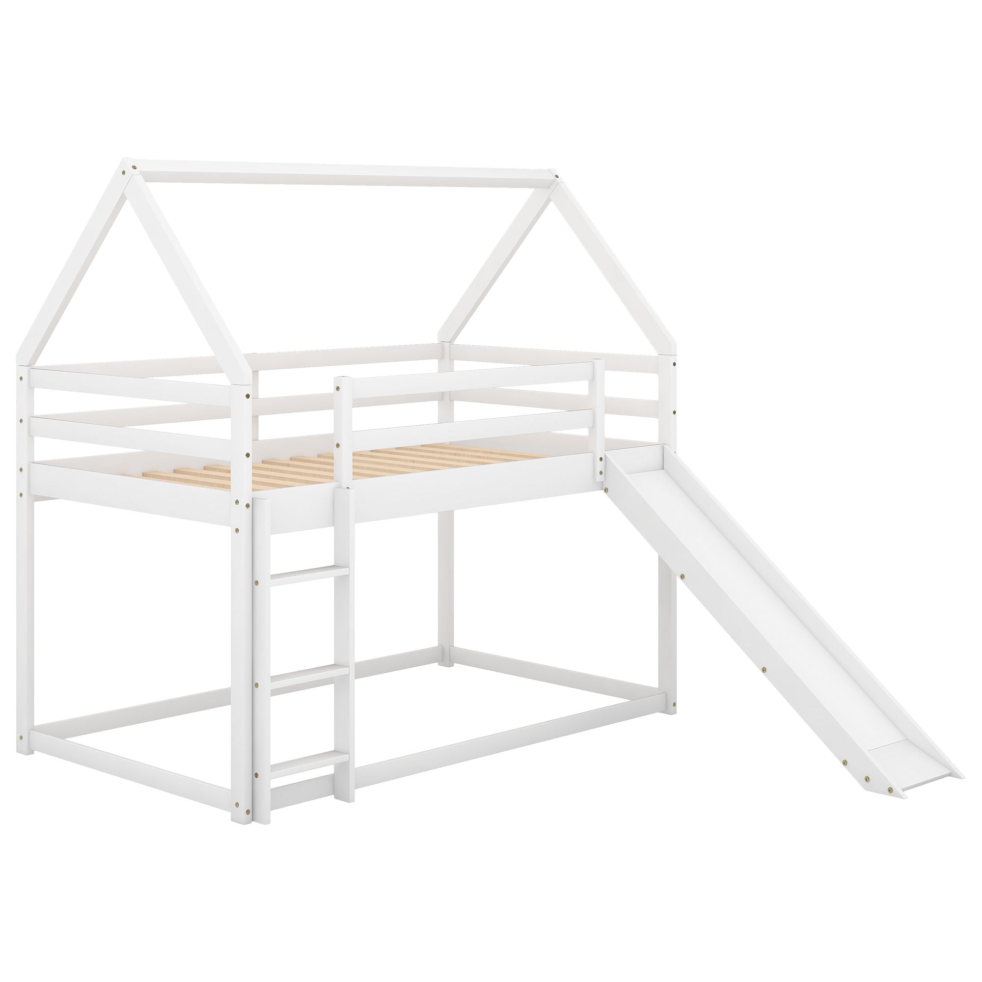 Twin Size Bunk House Bed With Slide And Ladder - White