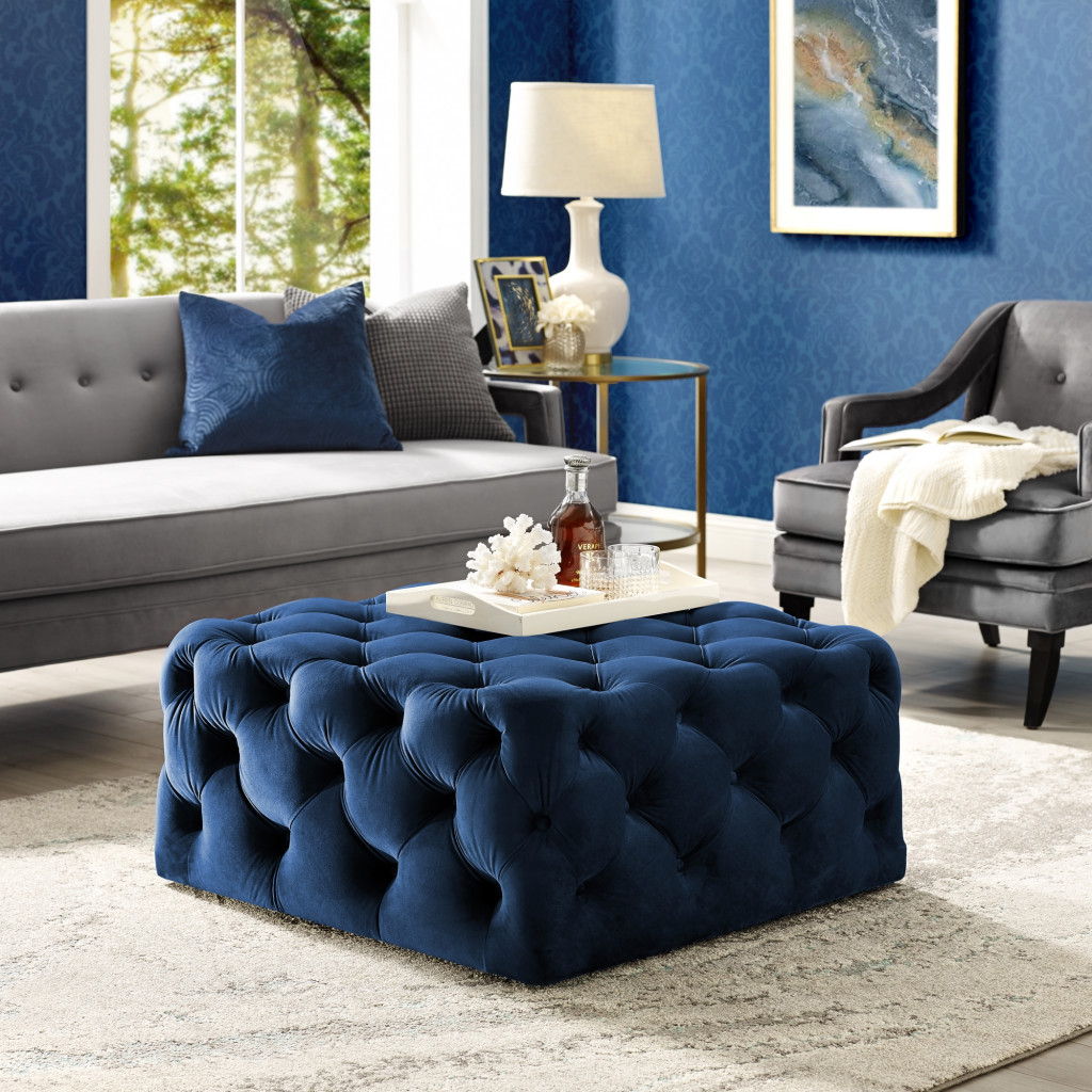 Velvet Rolling Tufted Cocktail Ottoman - Navy Blue