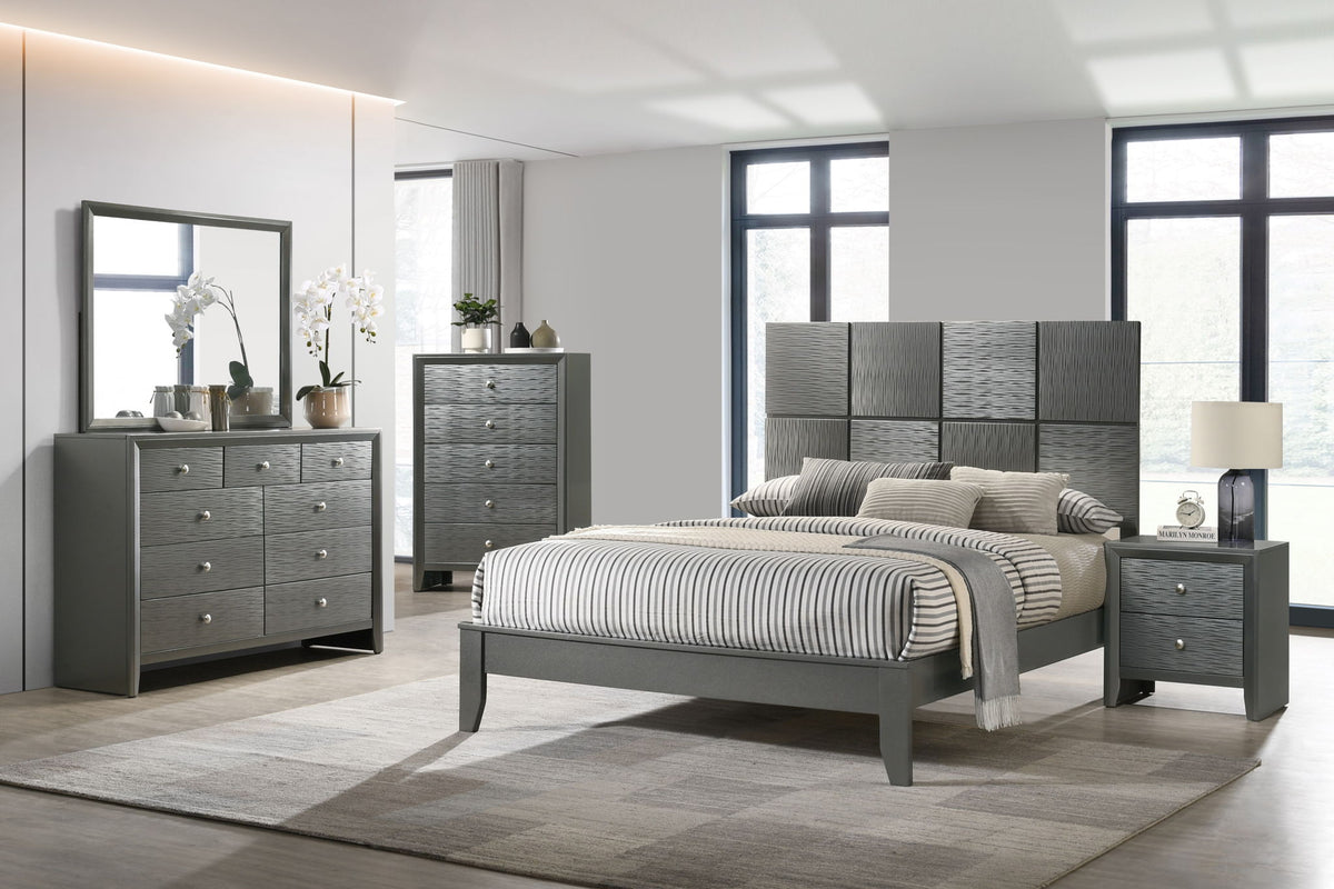 Denker - Bedroom Set Dark Gray 5 Pc. Bed, Dresser, Mirror, Chest, Nightstand by Crown Mark | Bel Furniture