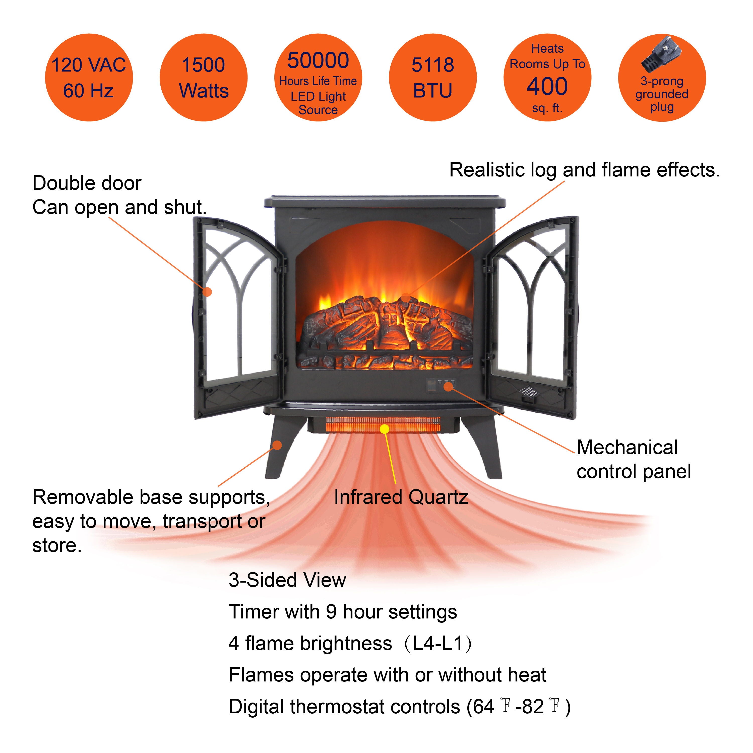 24" 3D Flame Electric Infrared Quartz Fireplace Stove With Remote Control - Antique Black