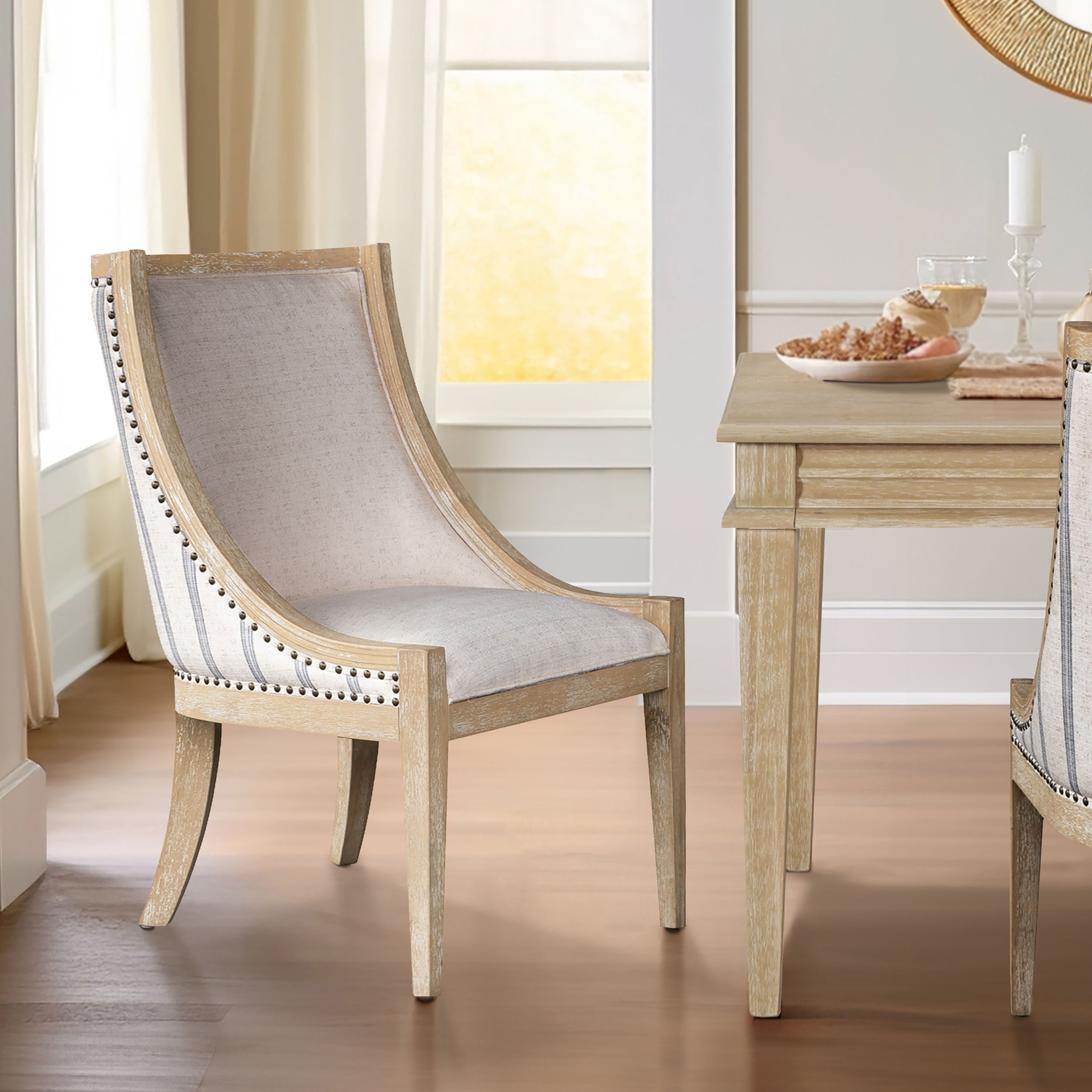 Elmcrest - Upholstered Dining Chair With Nailhead Trim - Beige Stripe