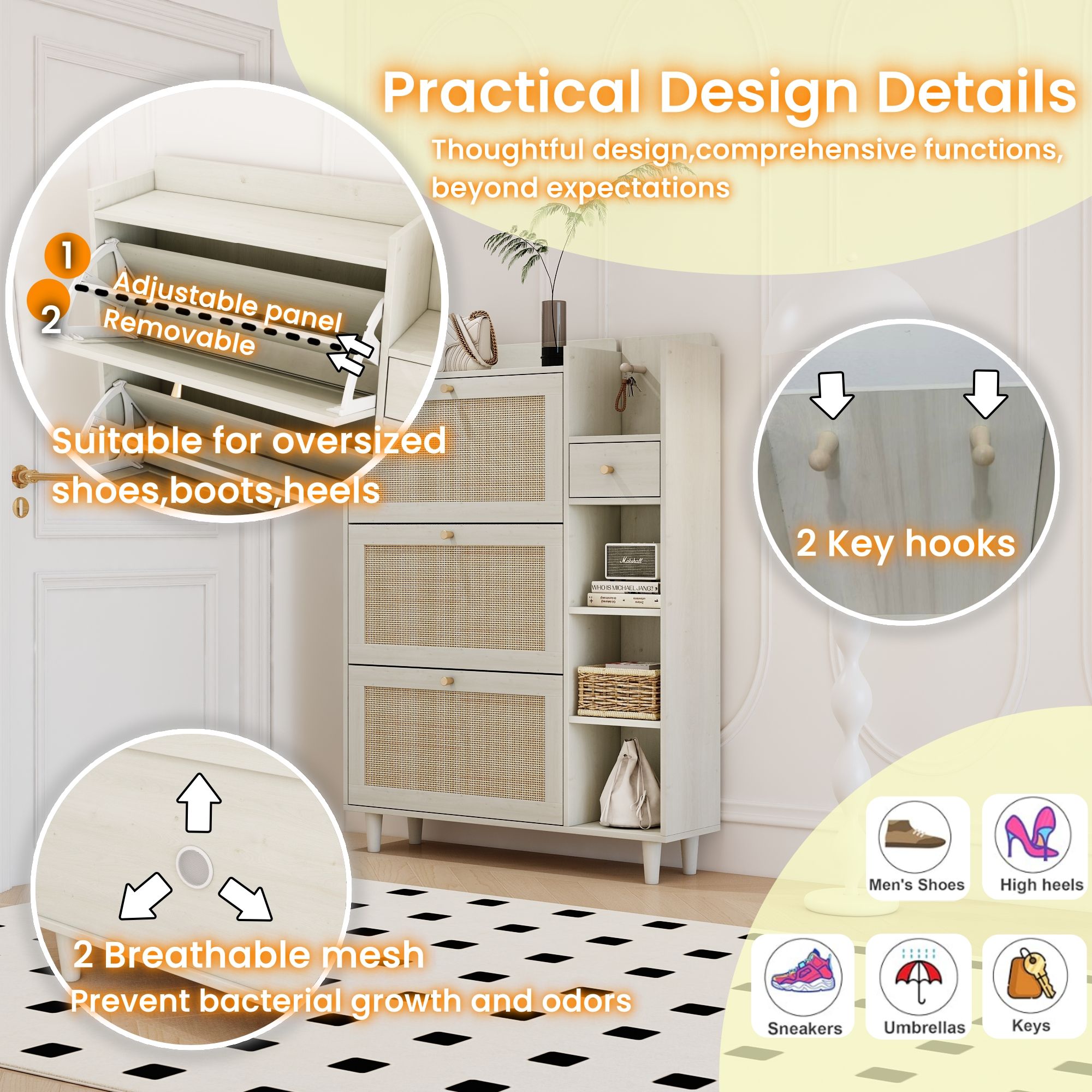 Natural Bohemia Style Shoe Cabinet, Shoe Rack Cabinet With 3 Rattan Flip Drawers, 3 Square Shelves And 1 Storage Drawer, Shoe Organizer With Mulit Storage Space And Hooks For Hallway, Entryway