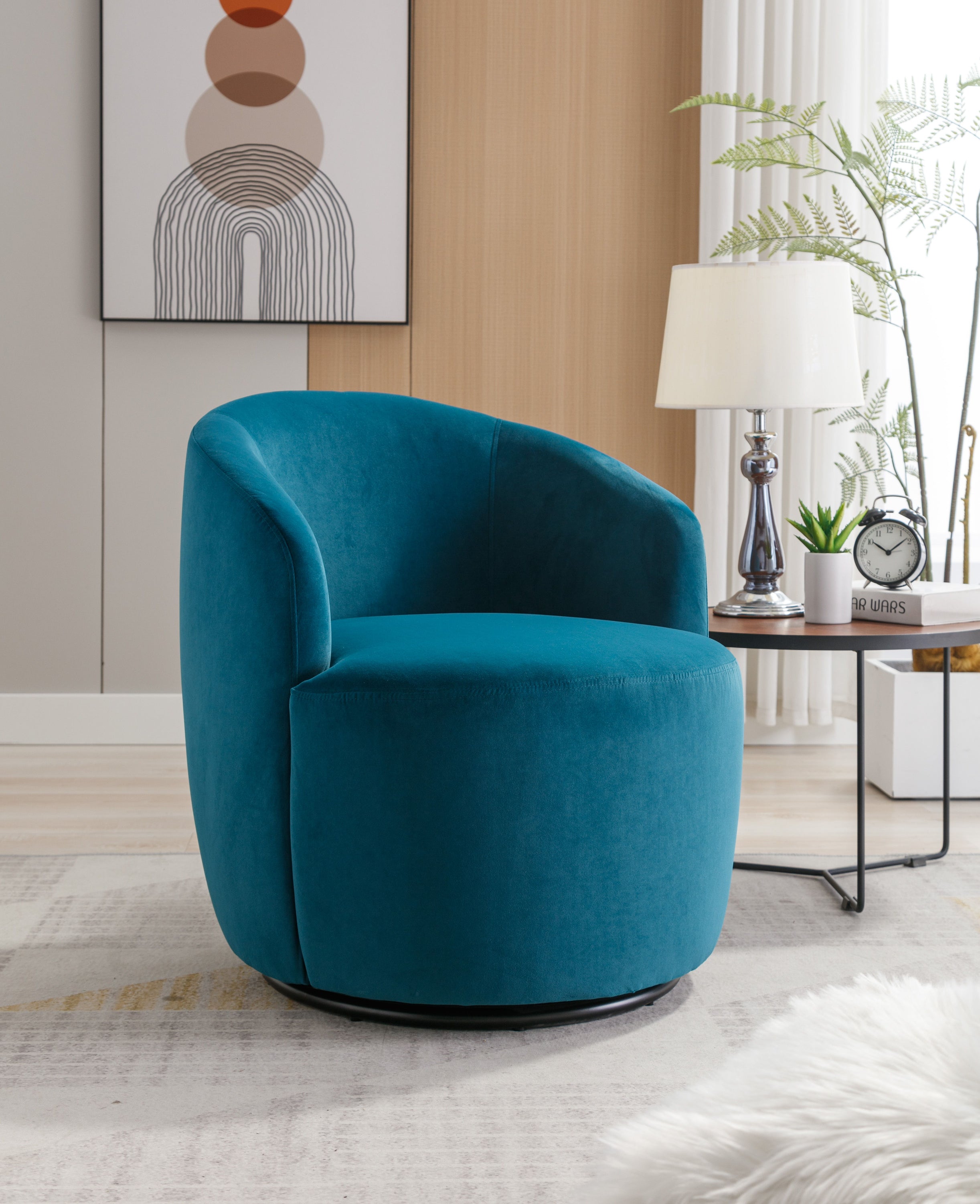 Velvet Fabric Swivel Accent Armchair Barrel Chair With Powder Coating Metal Ring