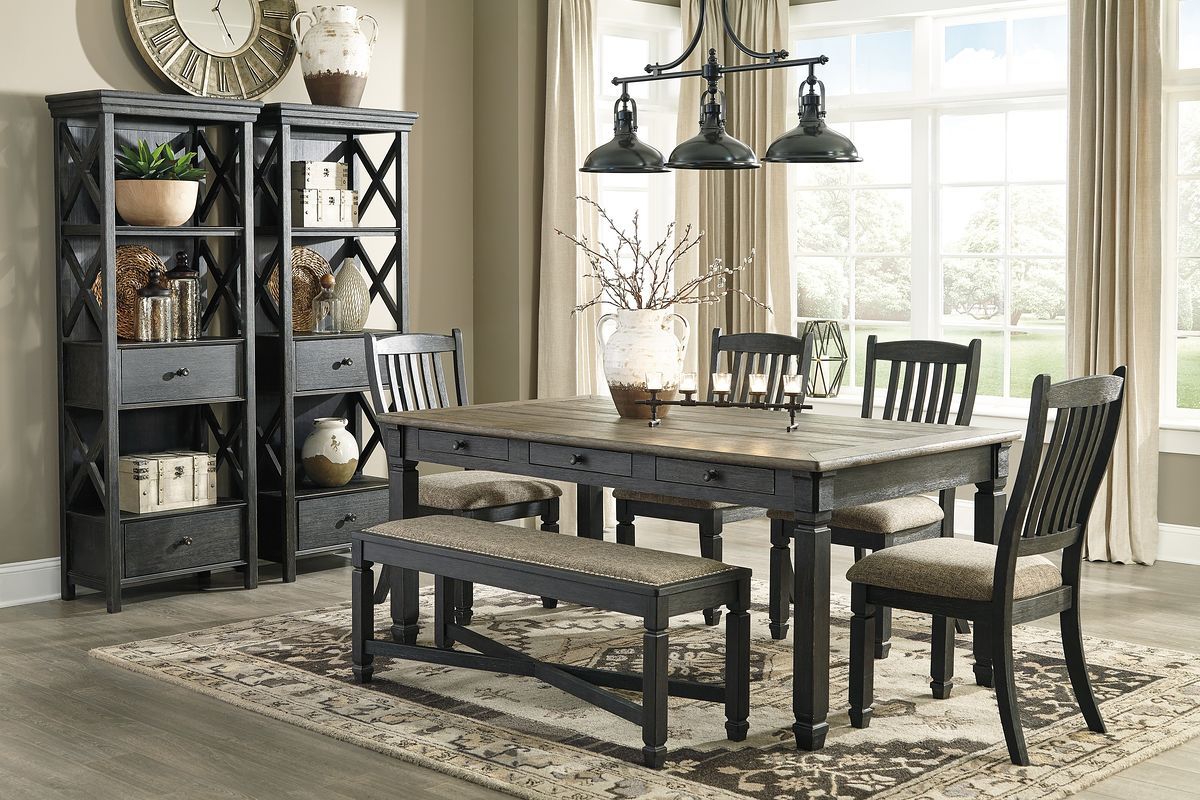 Tyler Creek - Dining Table Set Dark Gray 8 Pc. - Rectangular Dining Room Table, 4 Upholstered Side Chairs, Upholstered Bench, 2 Display Cabinets by Signature Design by Ashley® | Bel Furniture