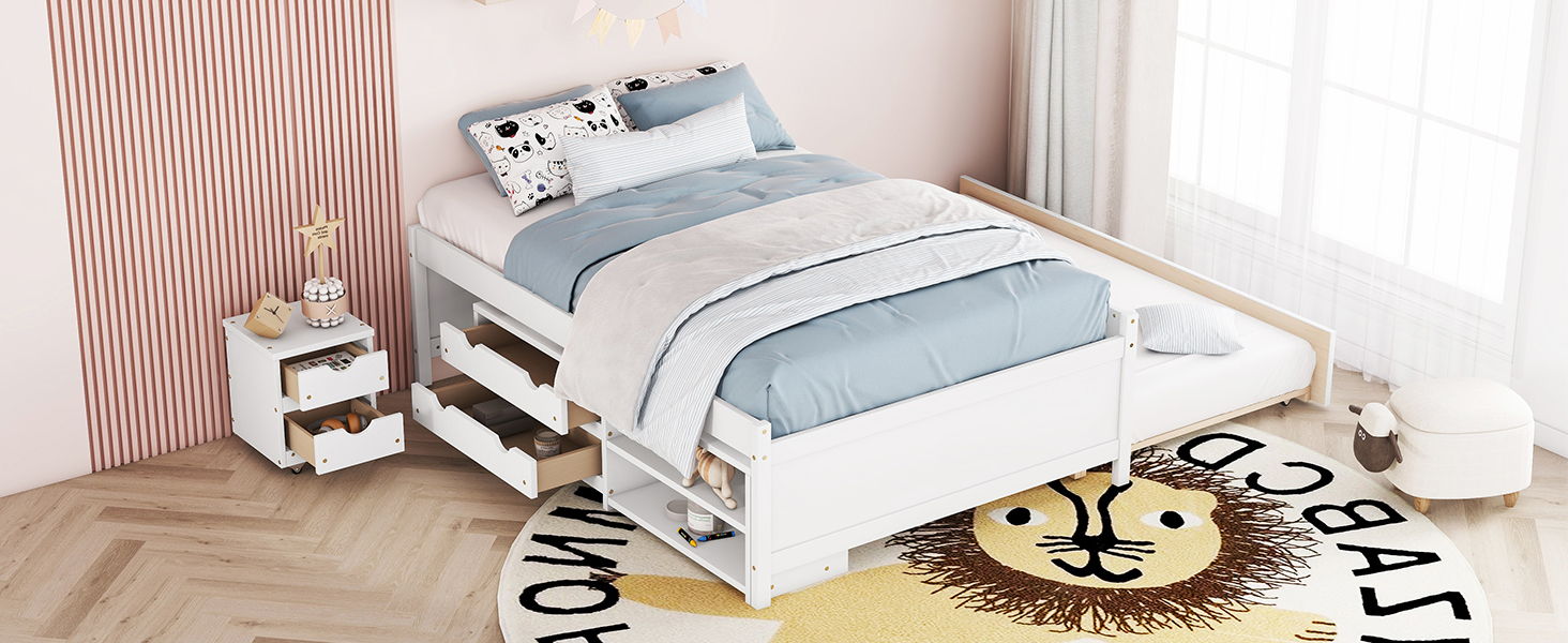 Versatile Bed With Trundle, Under Bed Storage Box And Nightstand