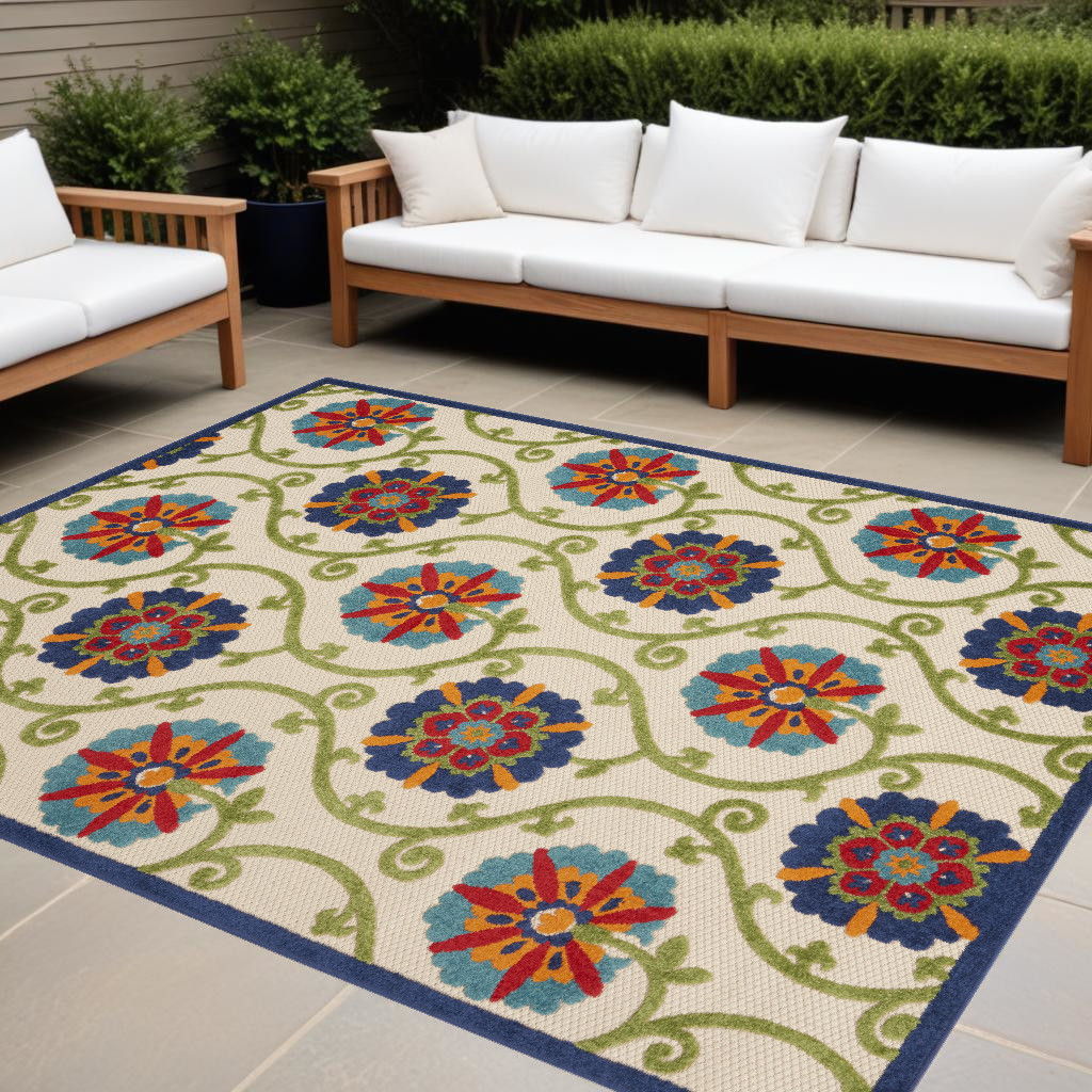 10' X 13' Floral Non Skid Indoor Outdoor Area Rug - Blue