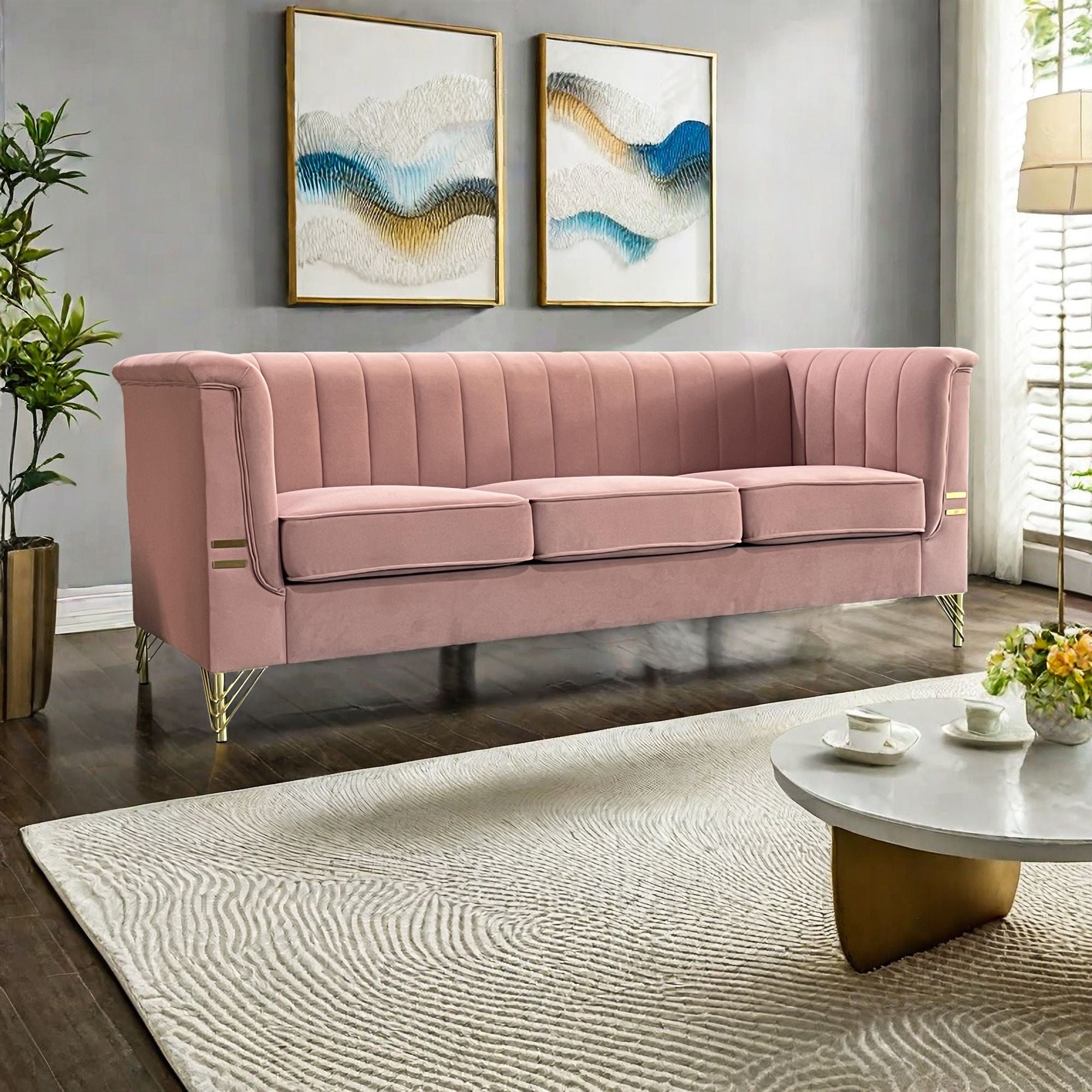 Modern Chenille Sofa, Upholstered Couch With Bolster Armrest, 3-Seat Sofa For Living Room, Bedroom, Office, Apartment, Dorm