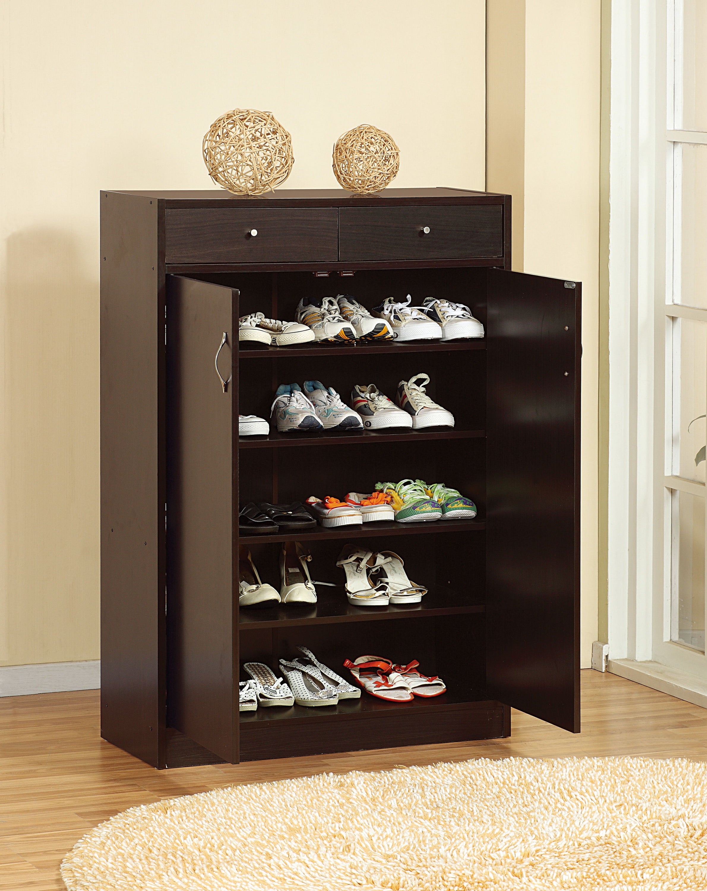 Shoe And Storage Cabinet Two Drawers, Two Doors, Five Shelves - Red Cocoa