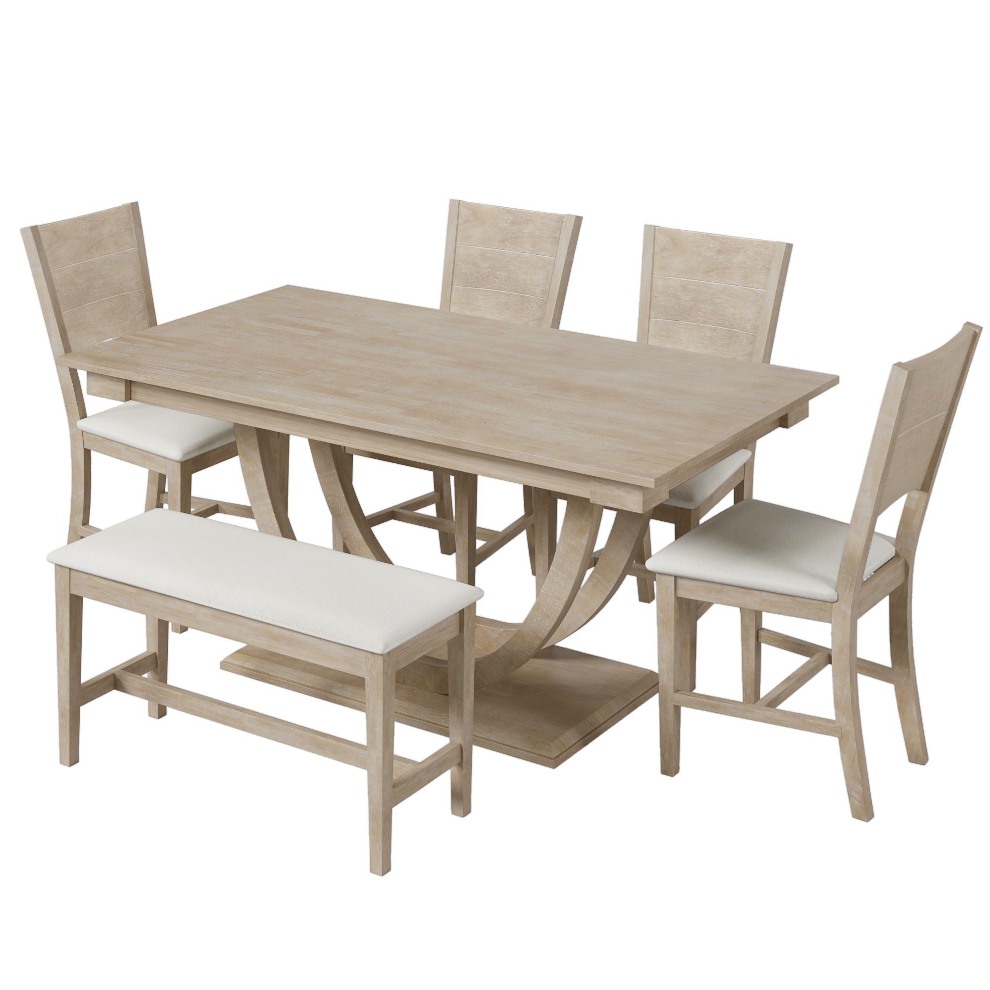 Topmax - 6 Piece Wood Half Round Dining Table Set Kitchen Table Set With Long Bench And 4 Dining Chairs, Modern Style