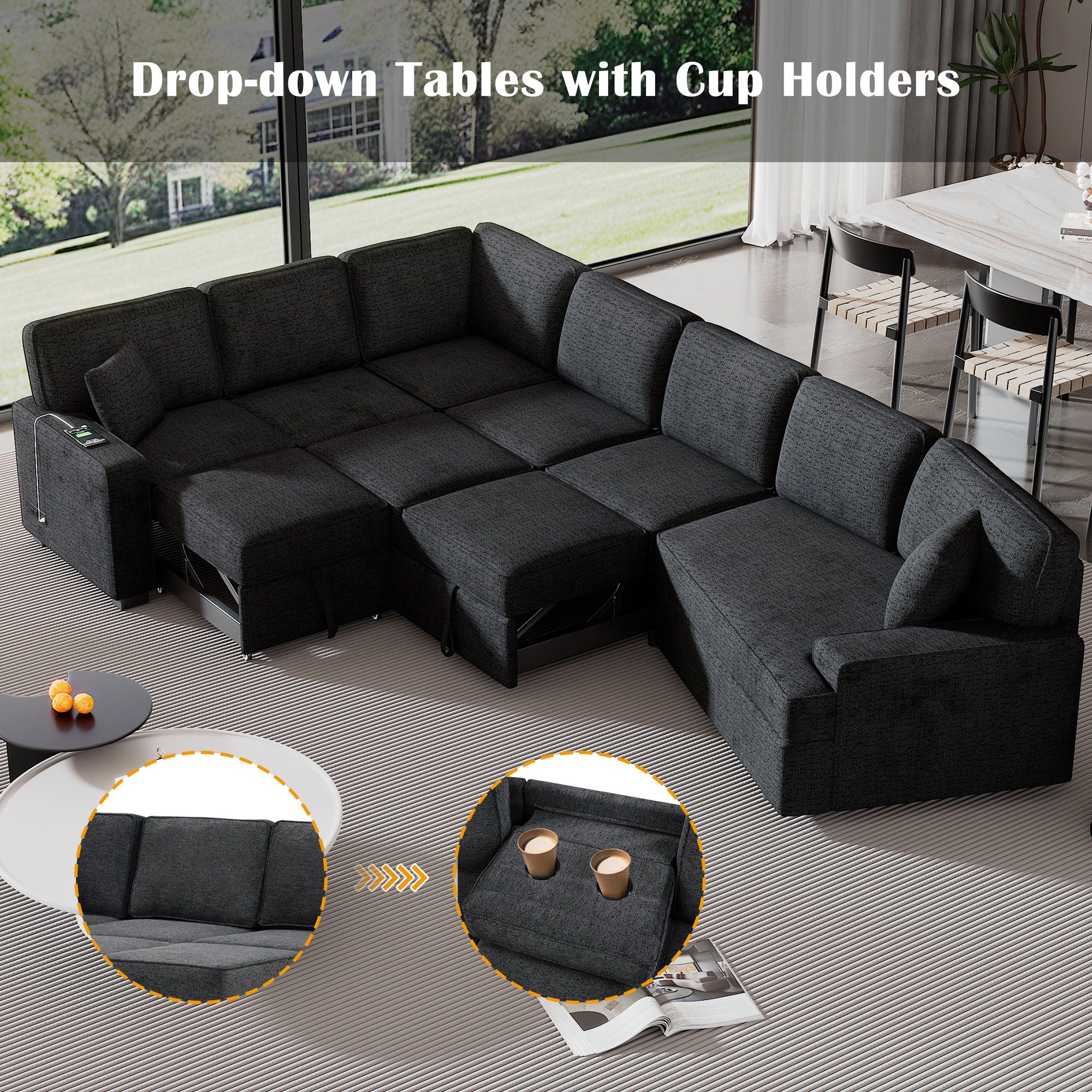 L-Shaped Sofa Sectional Sofa Couch Pull-Out Sofa Bed With Charging Devices And Cup Holders For Living Room