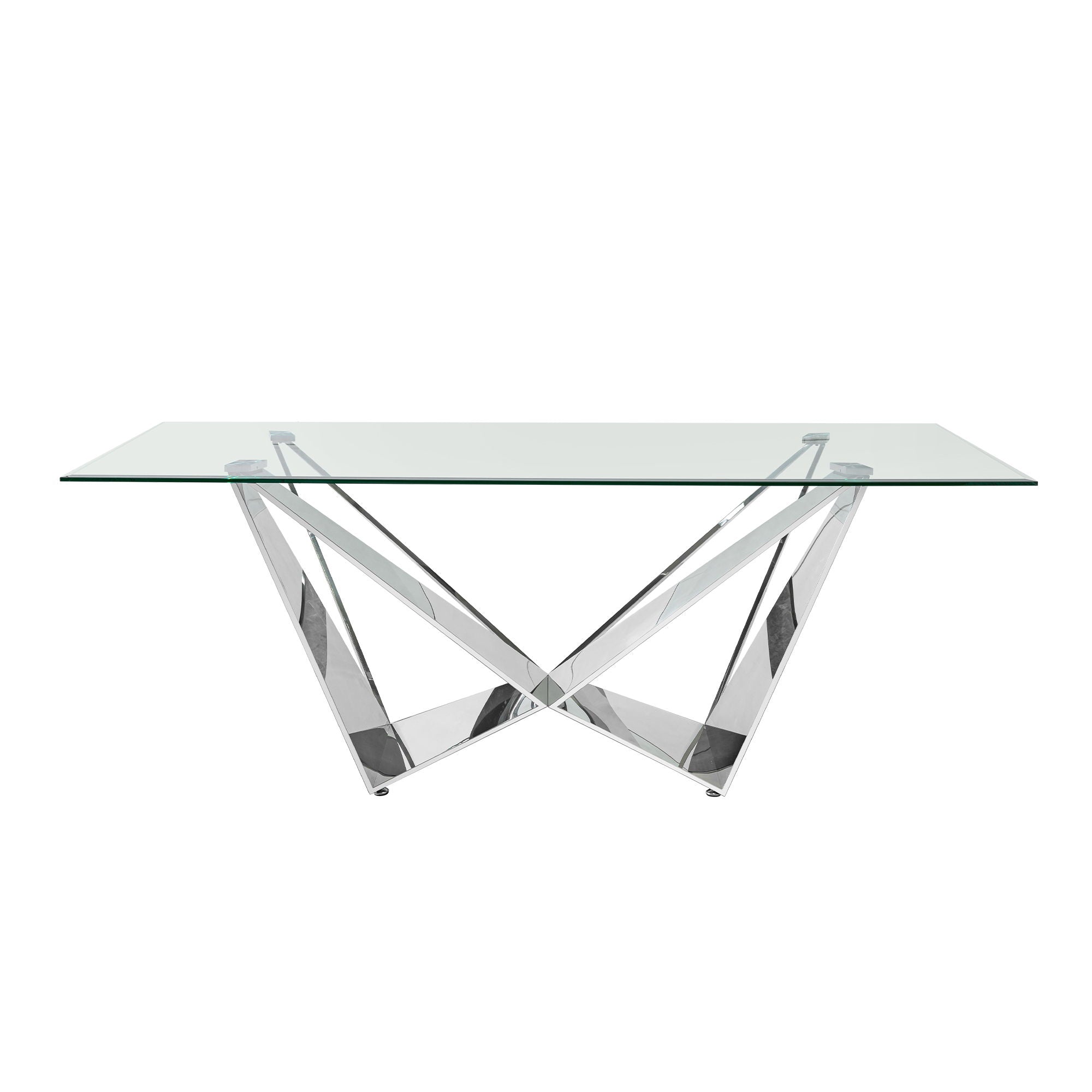 Clear Glass With Polished Stainless Steel Base Dining Table - Silver