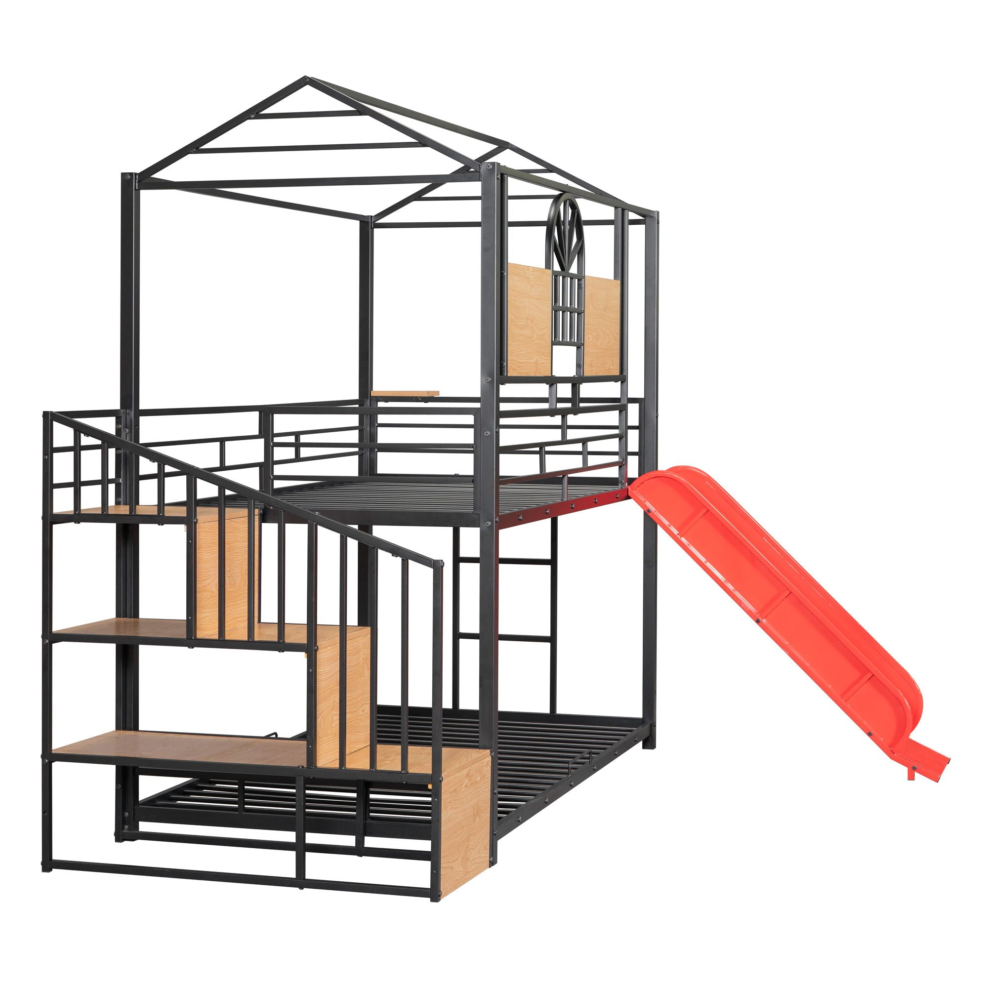 Metal Bunk Bed, Metal Housebed With Slide And Storage Stair