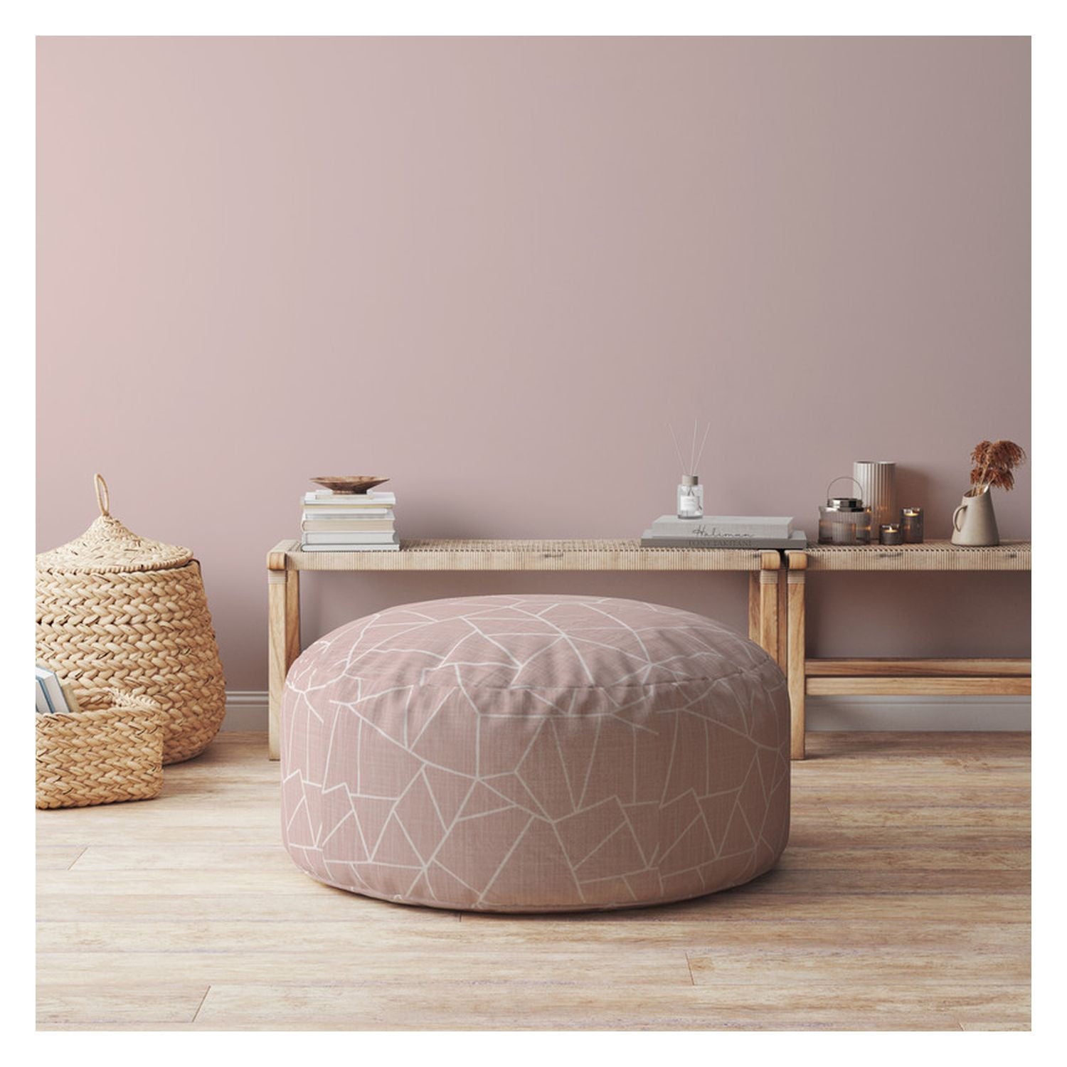 Canvas Round Geometric Pouf Ottoman - Pink