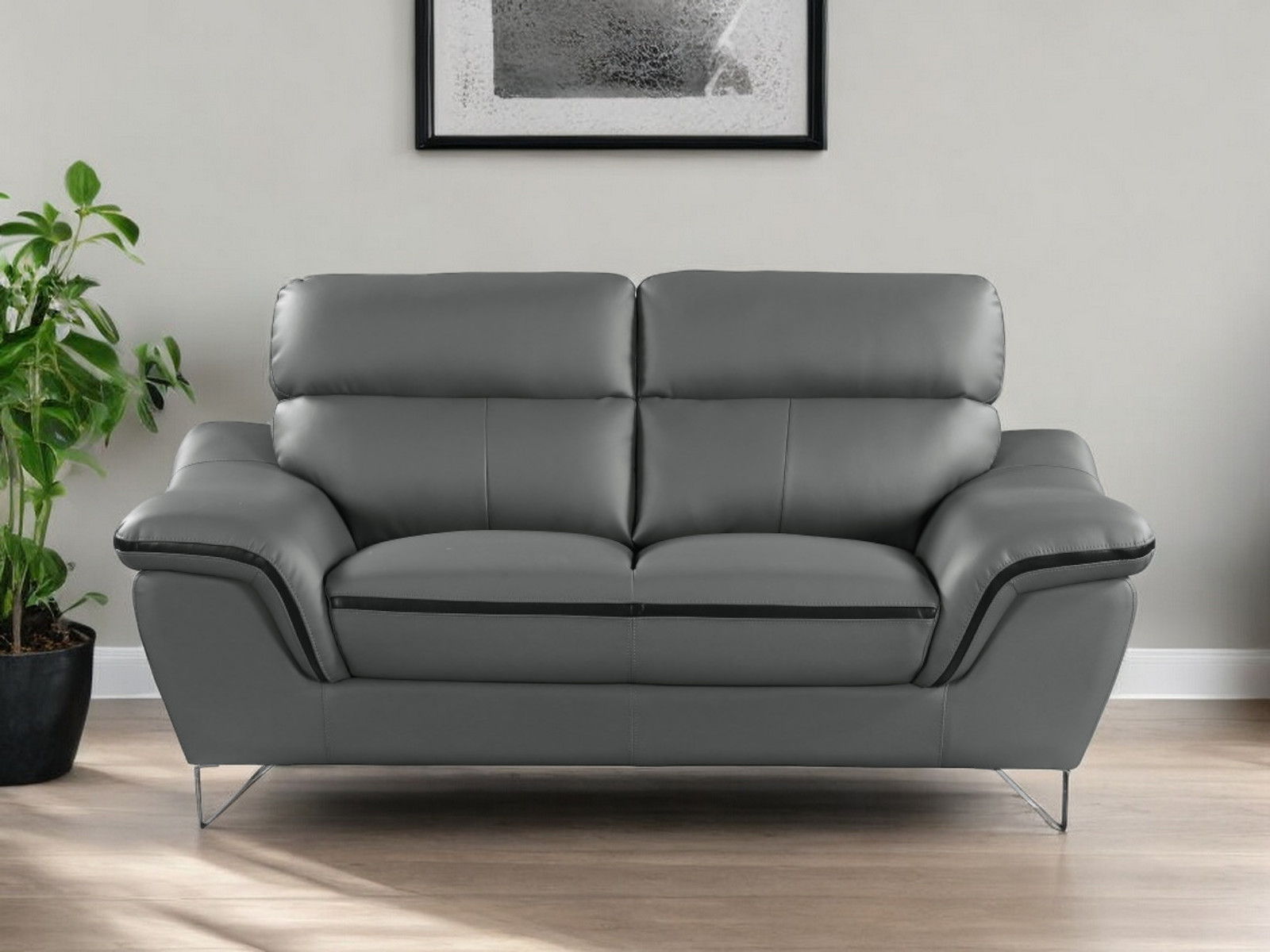 Silver Legs Leather Sofa - Gray