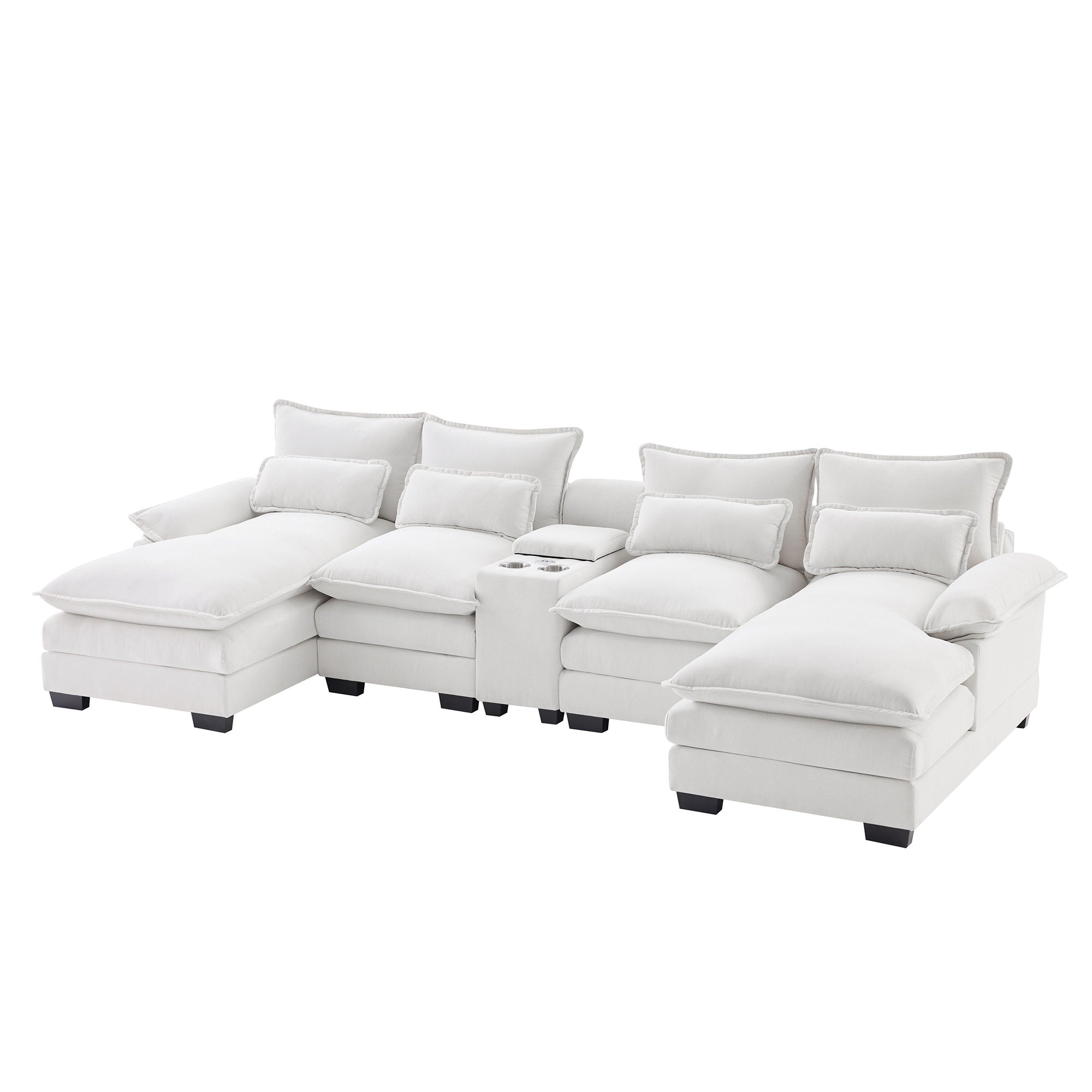 Modern U-Shaped Sofa With Console, Cupholders And USB Ports, 6 Seat Upholstered Symmetrical Indoor Furniture, Sleeper Couch Set With Chaise For Living Room