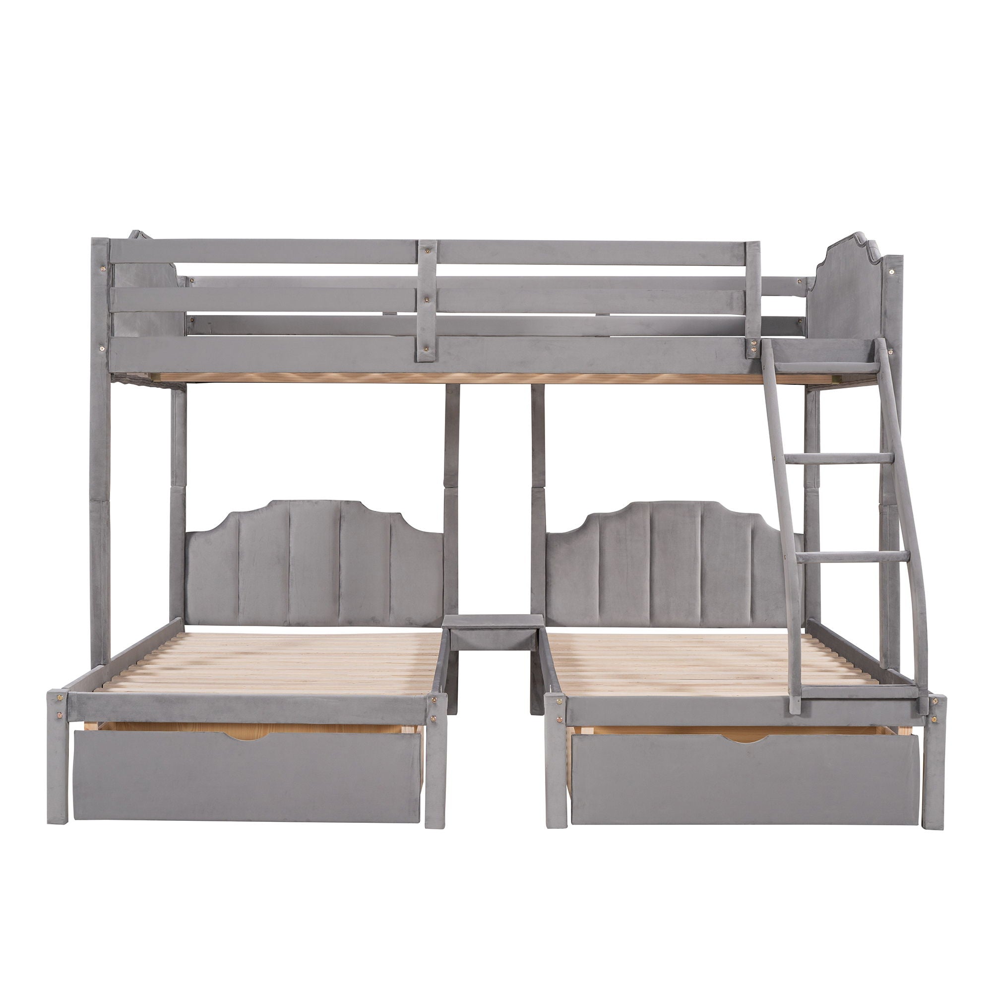 Full Over Twin & Twin Bunk Bed, Velvet Triple Bunk Bed With Drawers And Guardrails - Gray