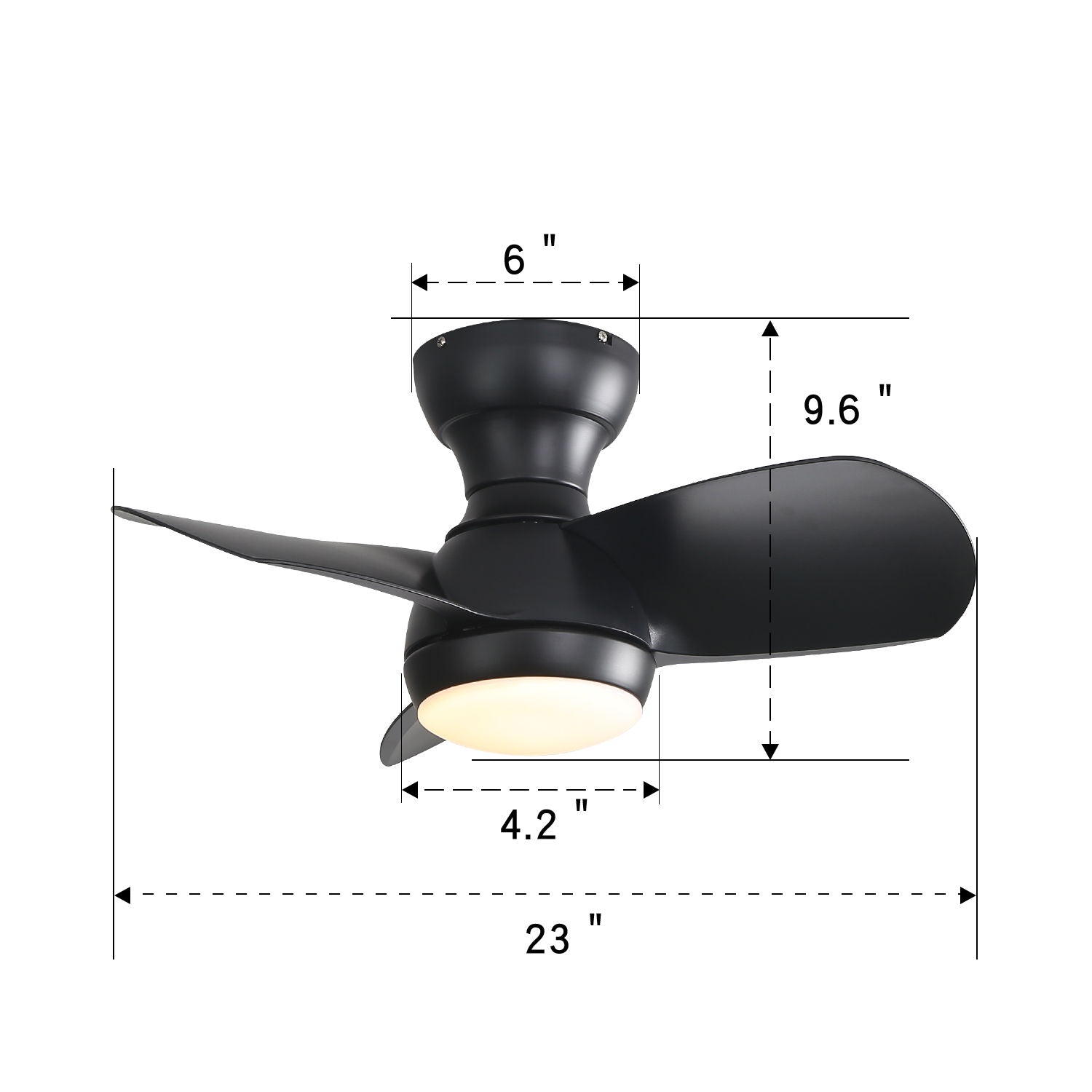 23" Bedroom Ceiling Fan With 3 Color Dimmable 3 ABS Blades Remote Control Dc Motor Black With 18W Led Light