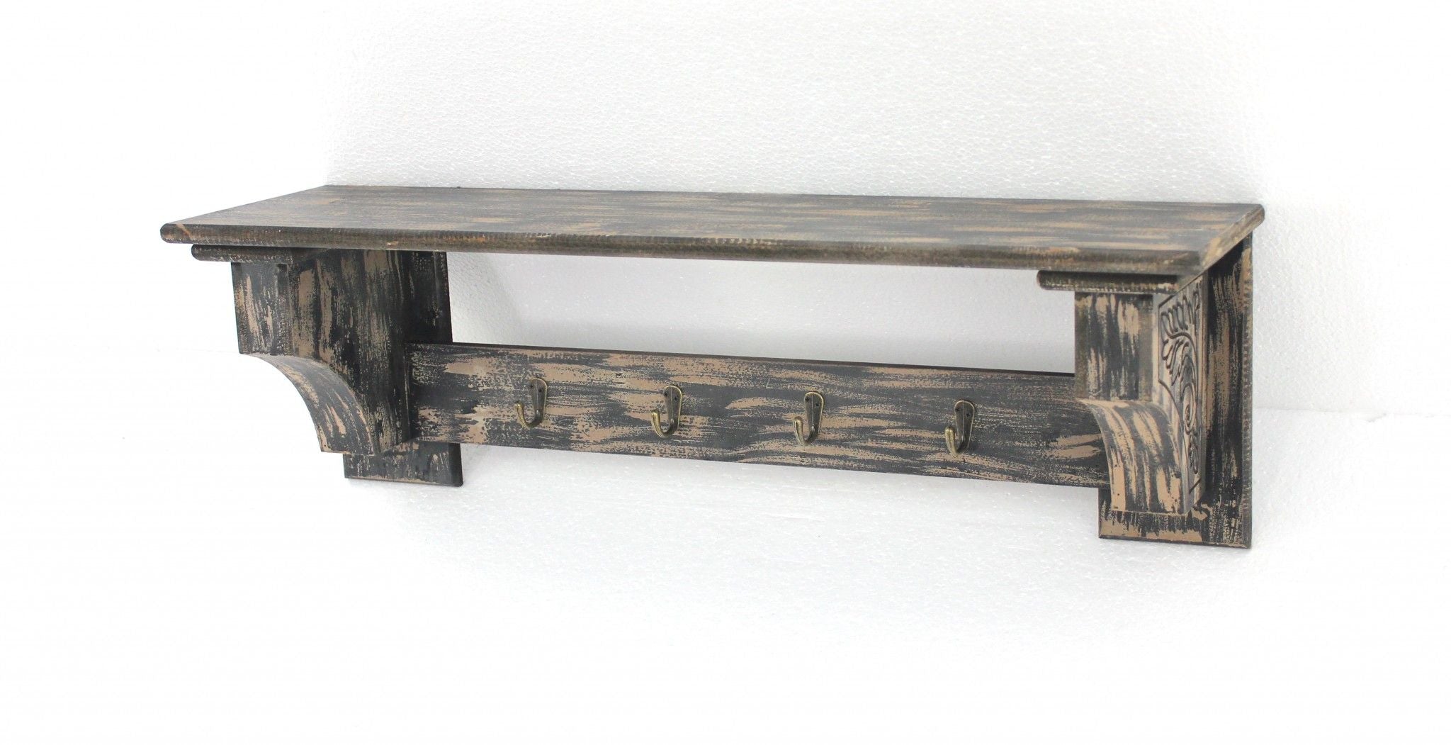 Vintage Wooden 4 Metal Hooks Wall Shelf - Black