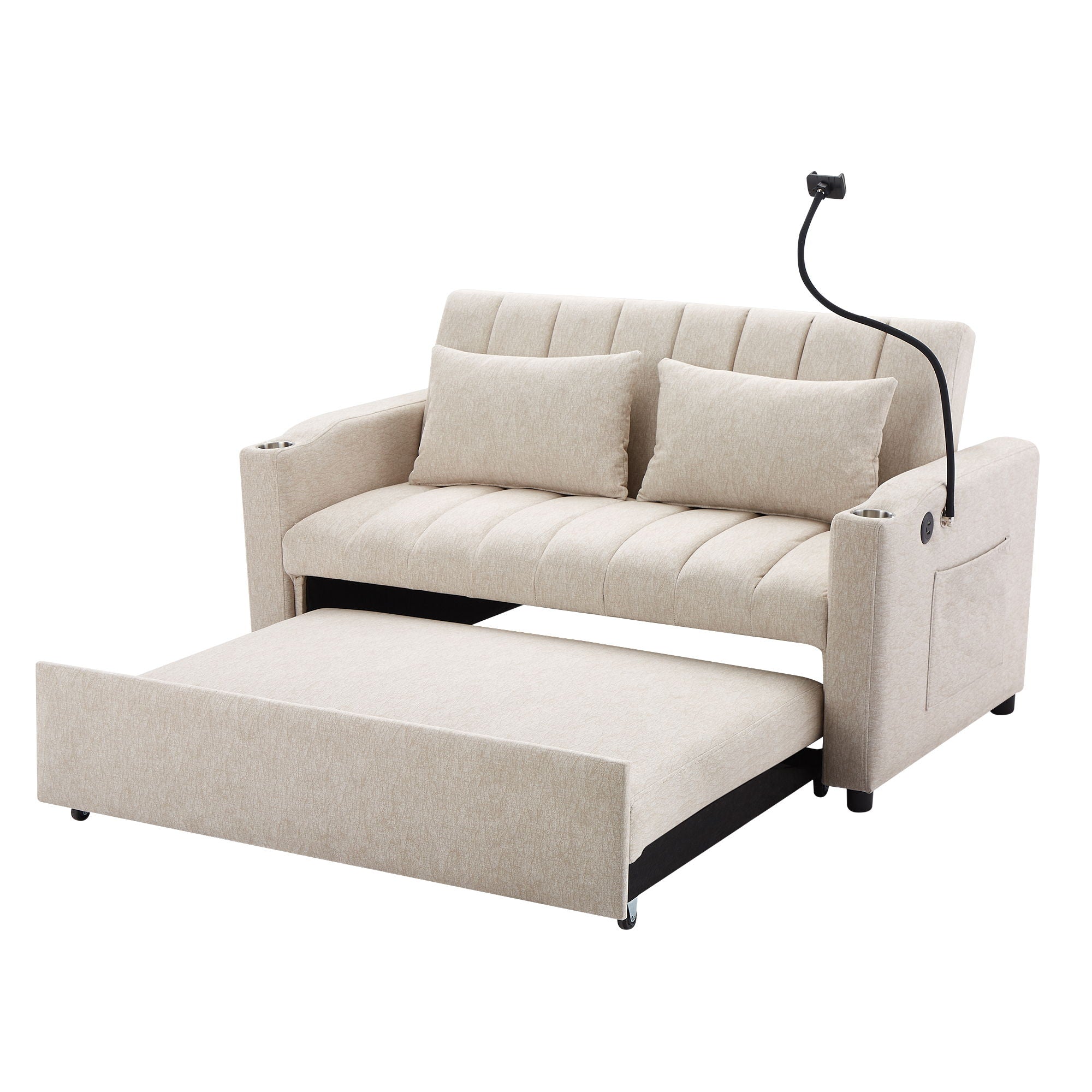 Convertible Sofa Bed Loveseat Sofa With Three USB Ports, Two Side Pockets, Two Cup Holders And 360° swivel Phone Holder For Living Room