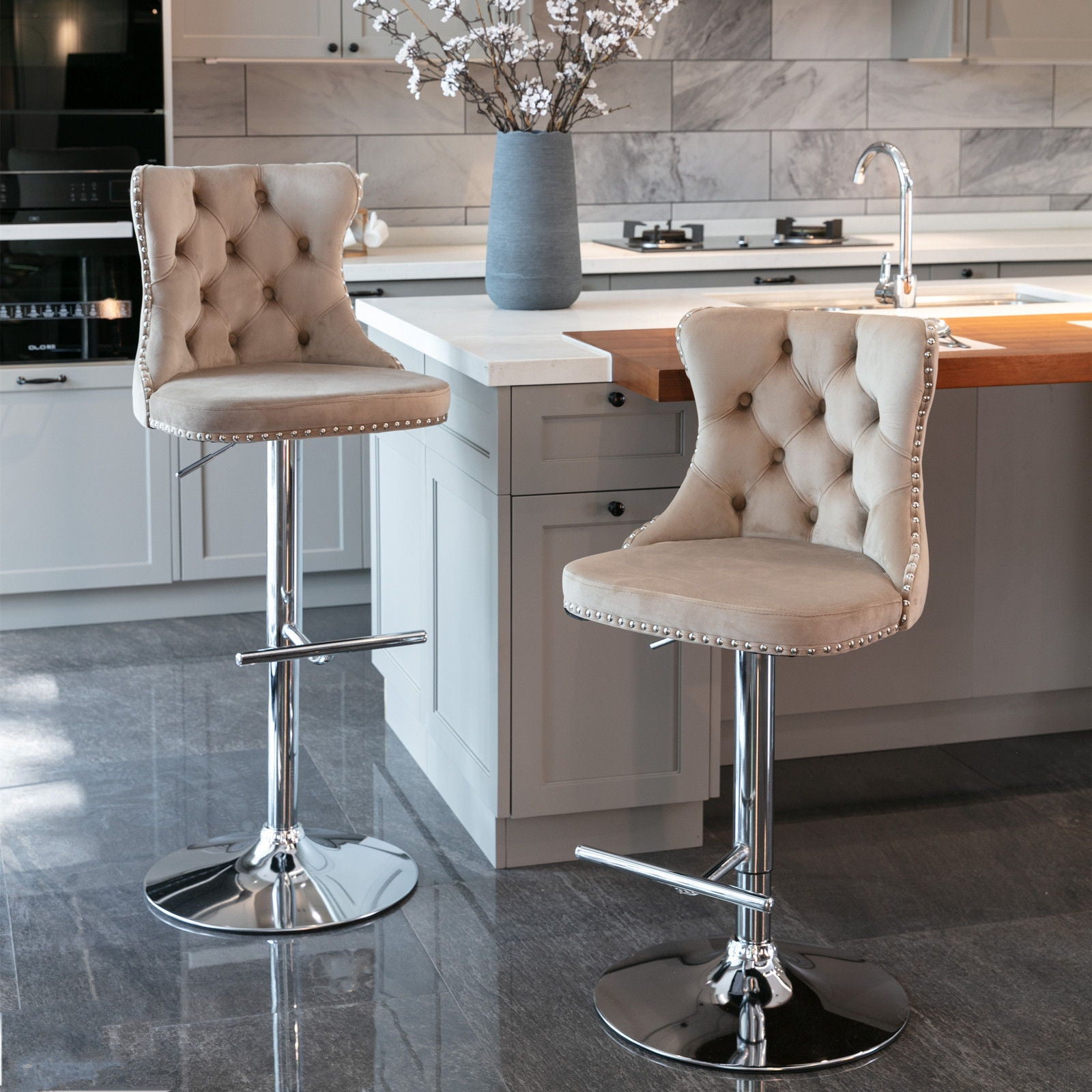 Swivel Velvet Barstools Adjusatble Seat Height From 25-33", Modern Upholstered Chrome Base Bar Stools With Backs Comfortable Tufted For Home Pub And Kitchen Island (Set of 2)