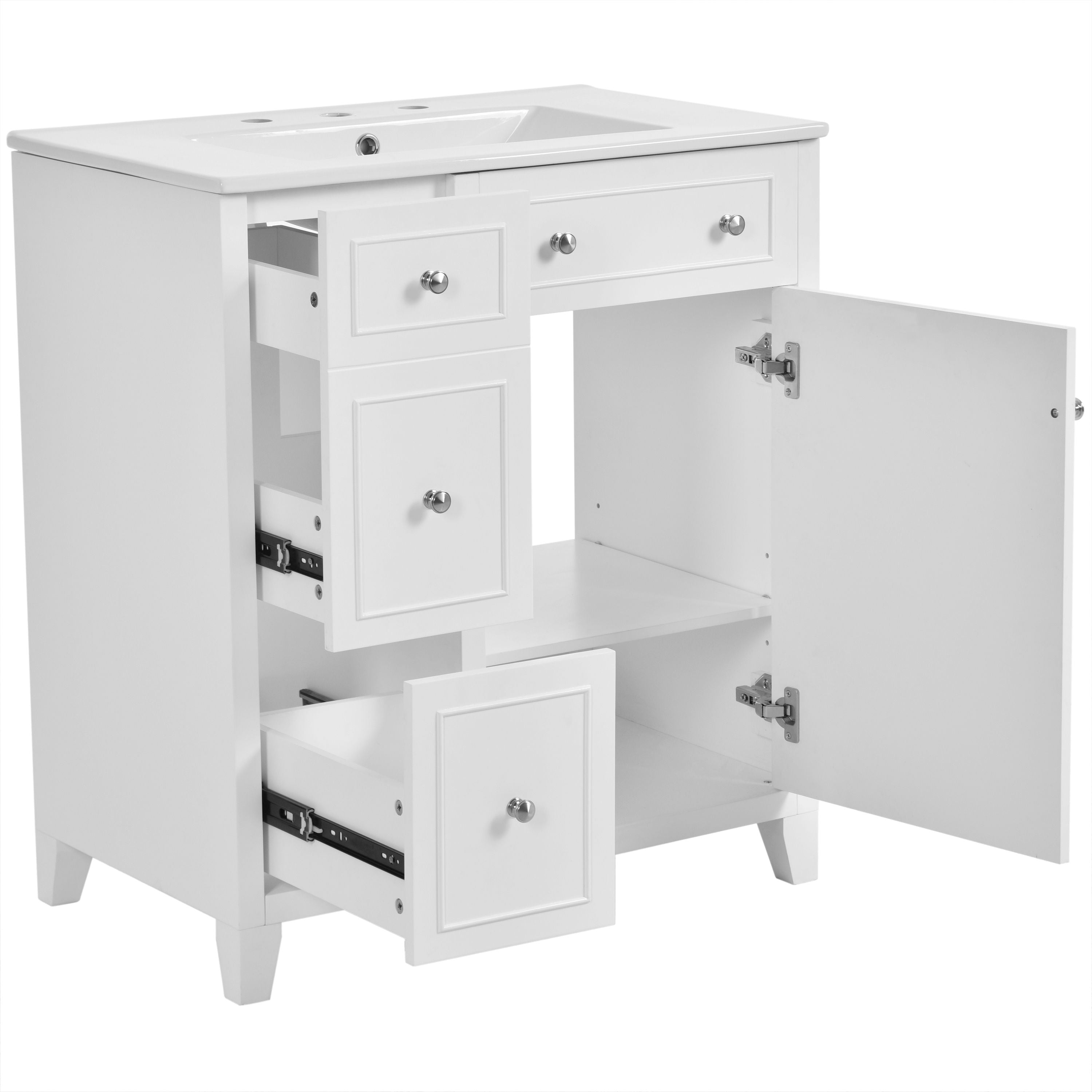 Bathroom Vanity Cabinet With Ceramic Basin, Double-Layer Drawer, Deep Drawer And Adjustable Shelf