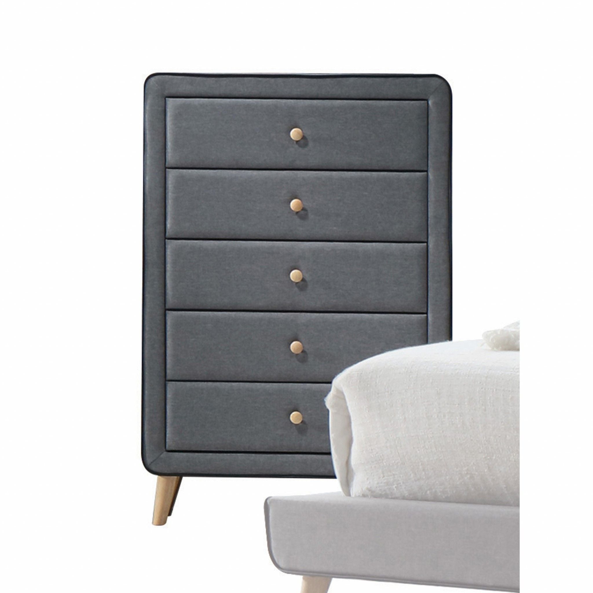 Upholstery 5 Drawer Chest Dresser With Light Natural Legs - Light Gray