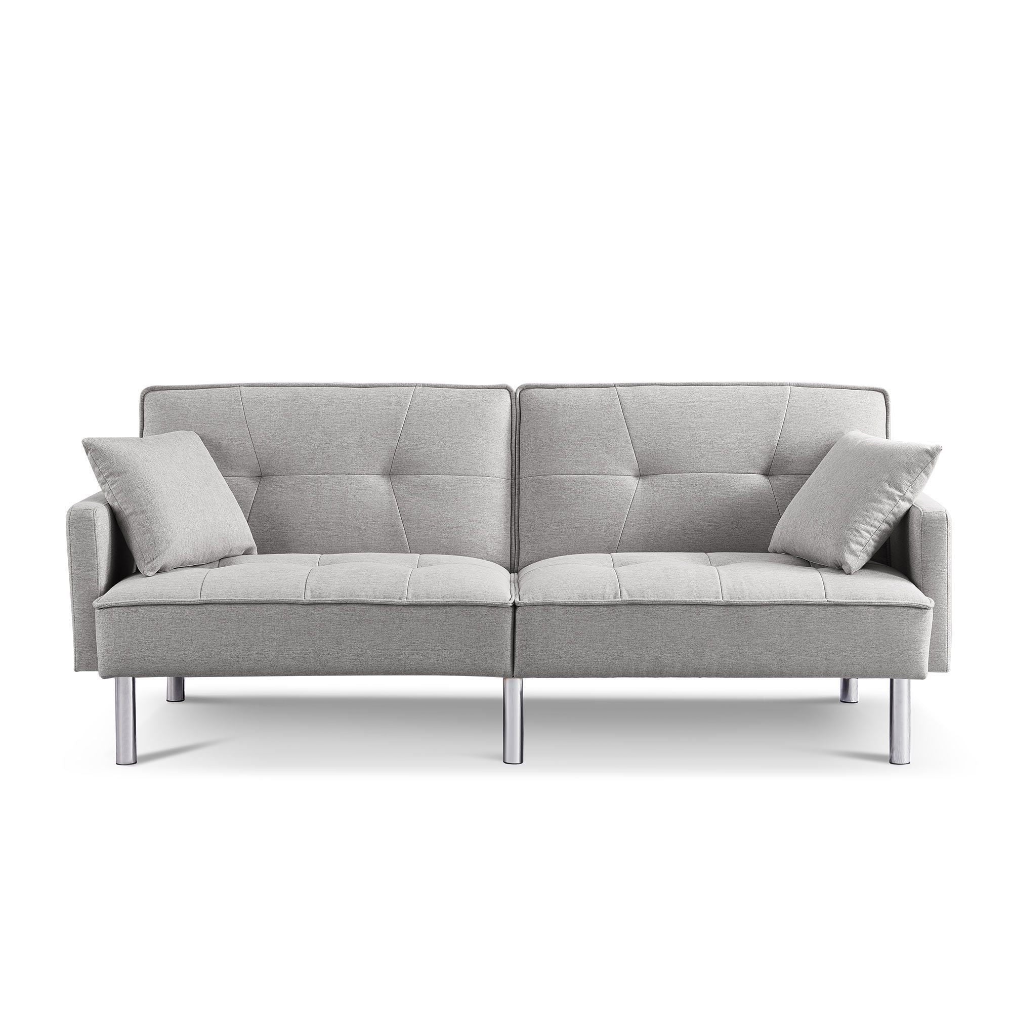 Polyester Blend Convertible Futon Sleeper Sofa And Toss Pillows With Silver Legs - Light Gray