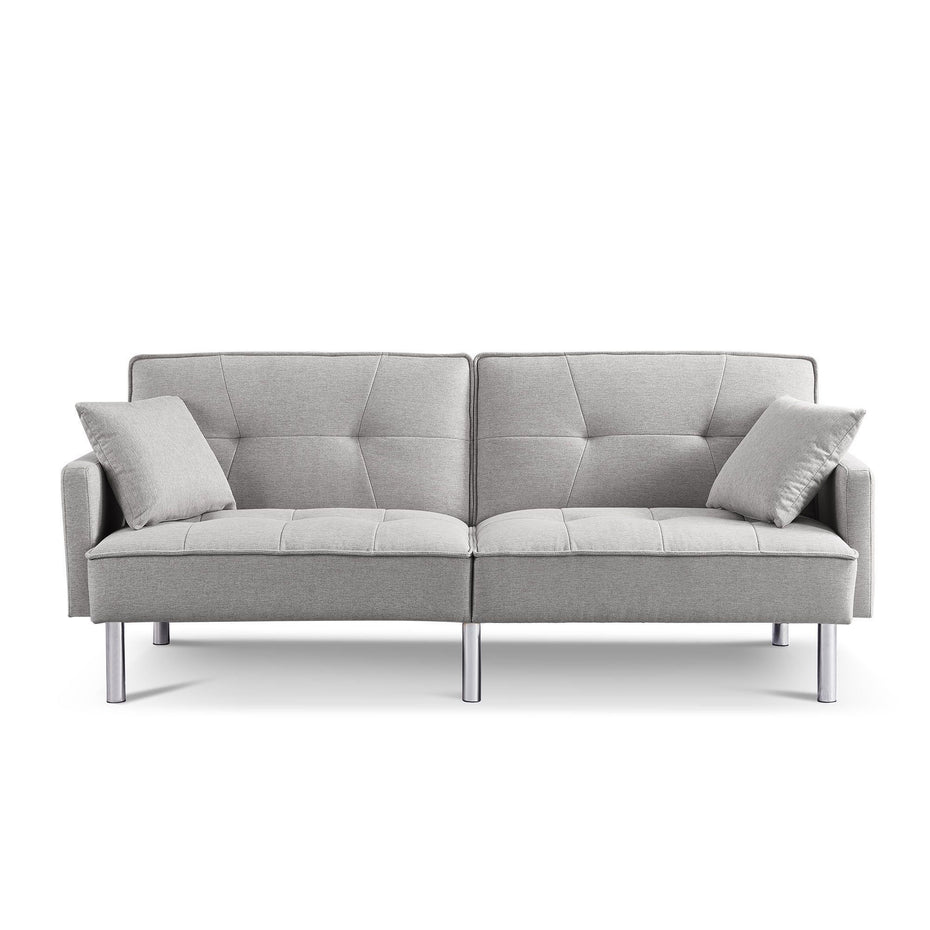 Polyester Blend Convertible Futon Sleeper Sofa And Toss Pillows With Silver Legs - Light Gray