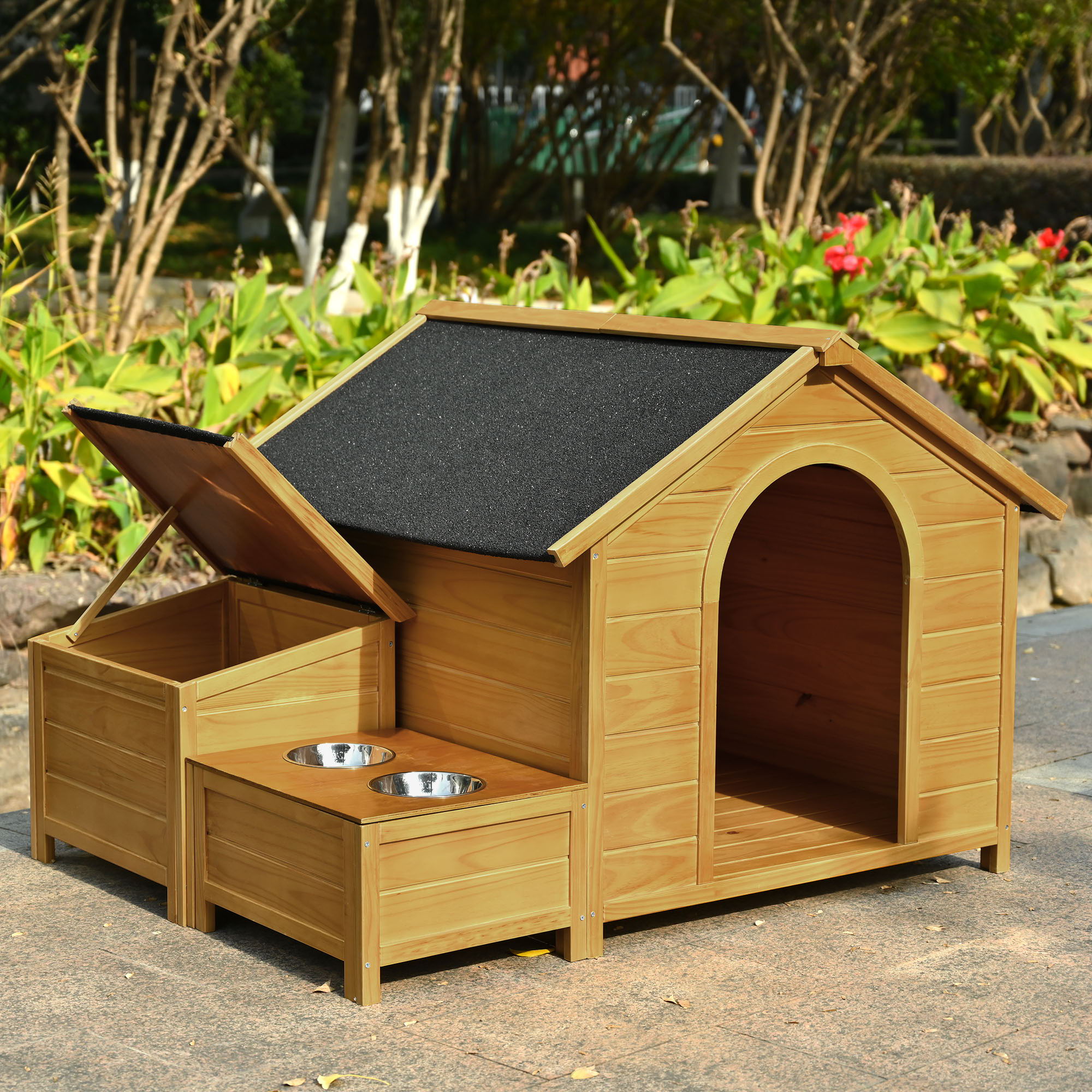 Large Size Wooden Dog House, Dog Crate For Large Dog Breeds, Cabin Style Raised Dog Shelter With Asphalt Roof, Solid Wood, Weatherproof - Nature