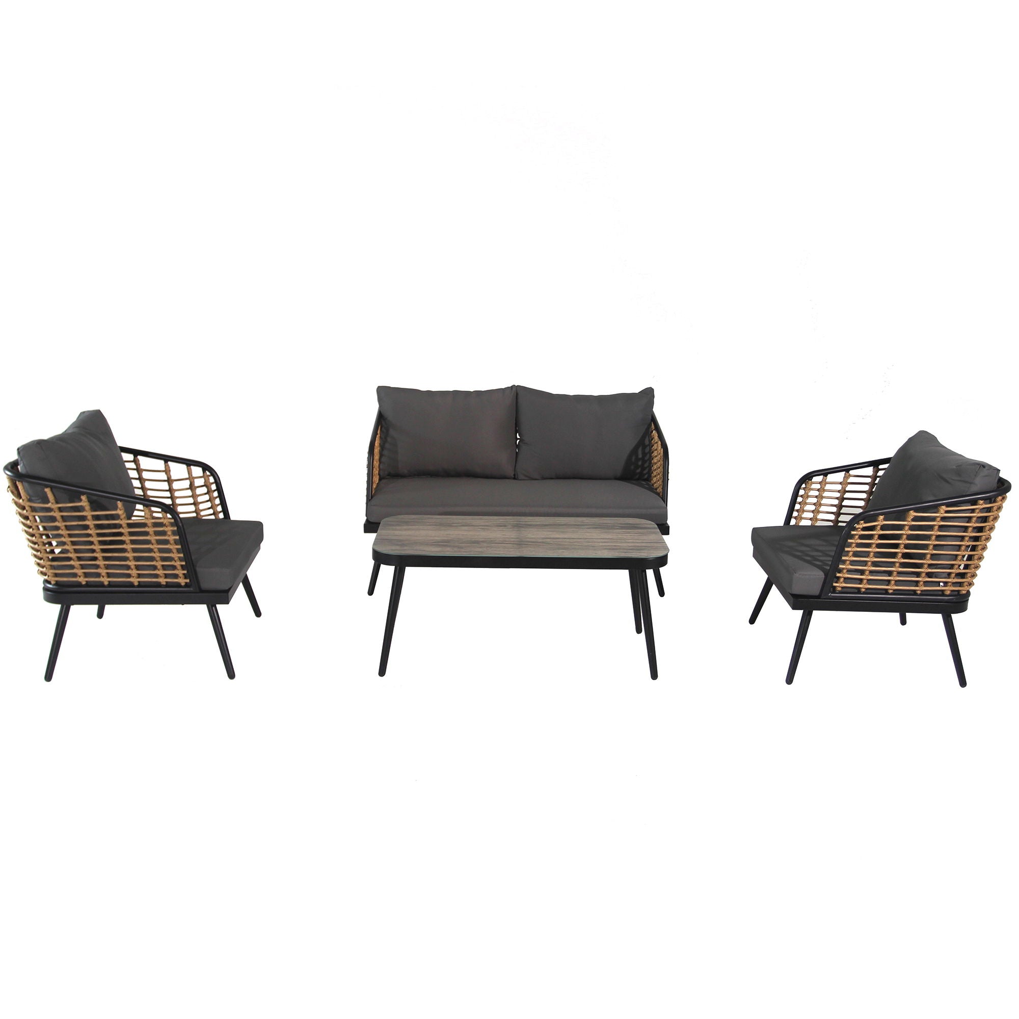 4 Pieces Patio Furniture Set, PE Rattan Wicker With Washable Cushion And Tempered Glass Tabletop, Conversation Furniture For Garden Poolside Balcony