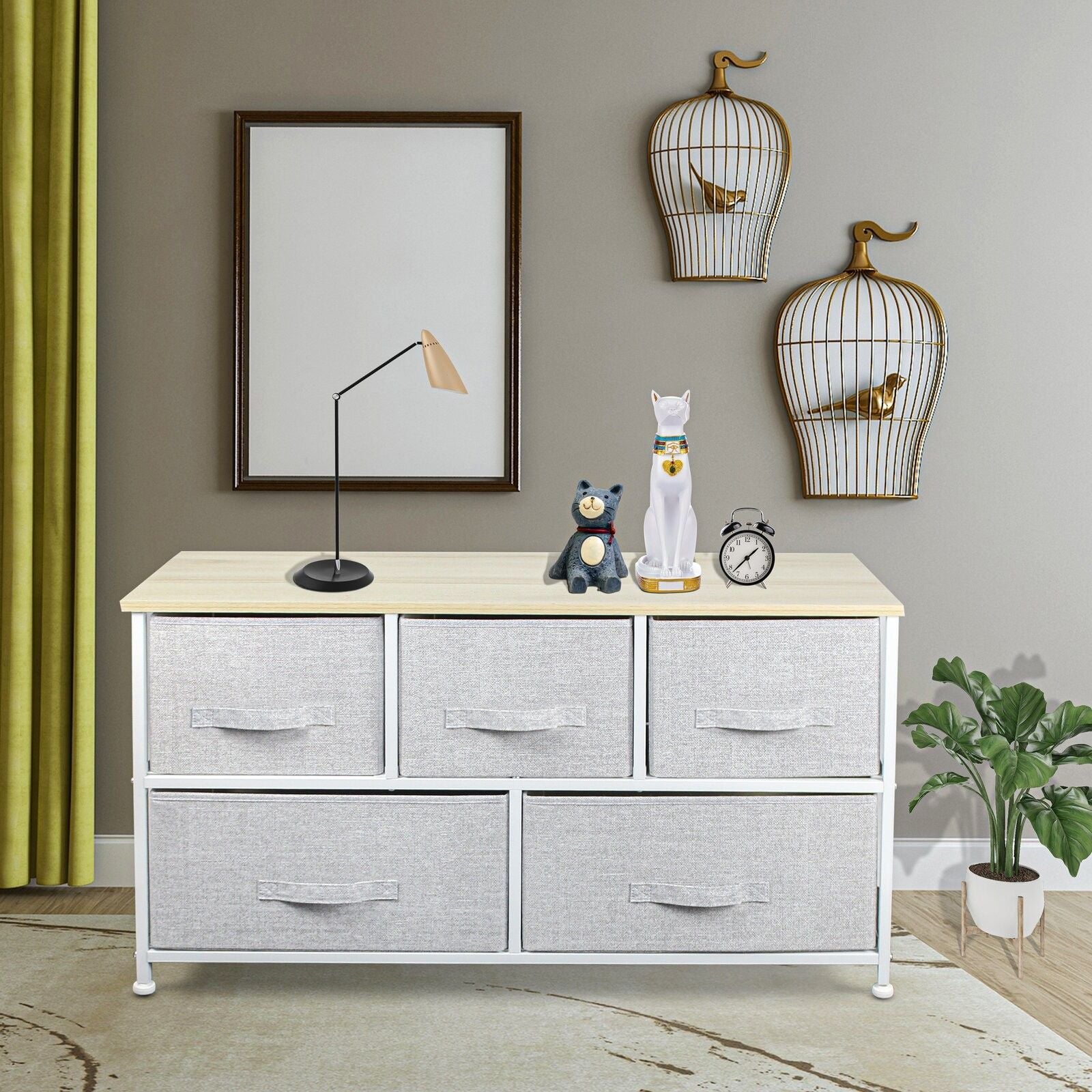 Steel And Fabric Five Drawer Dresser - Gray / White