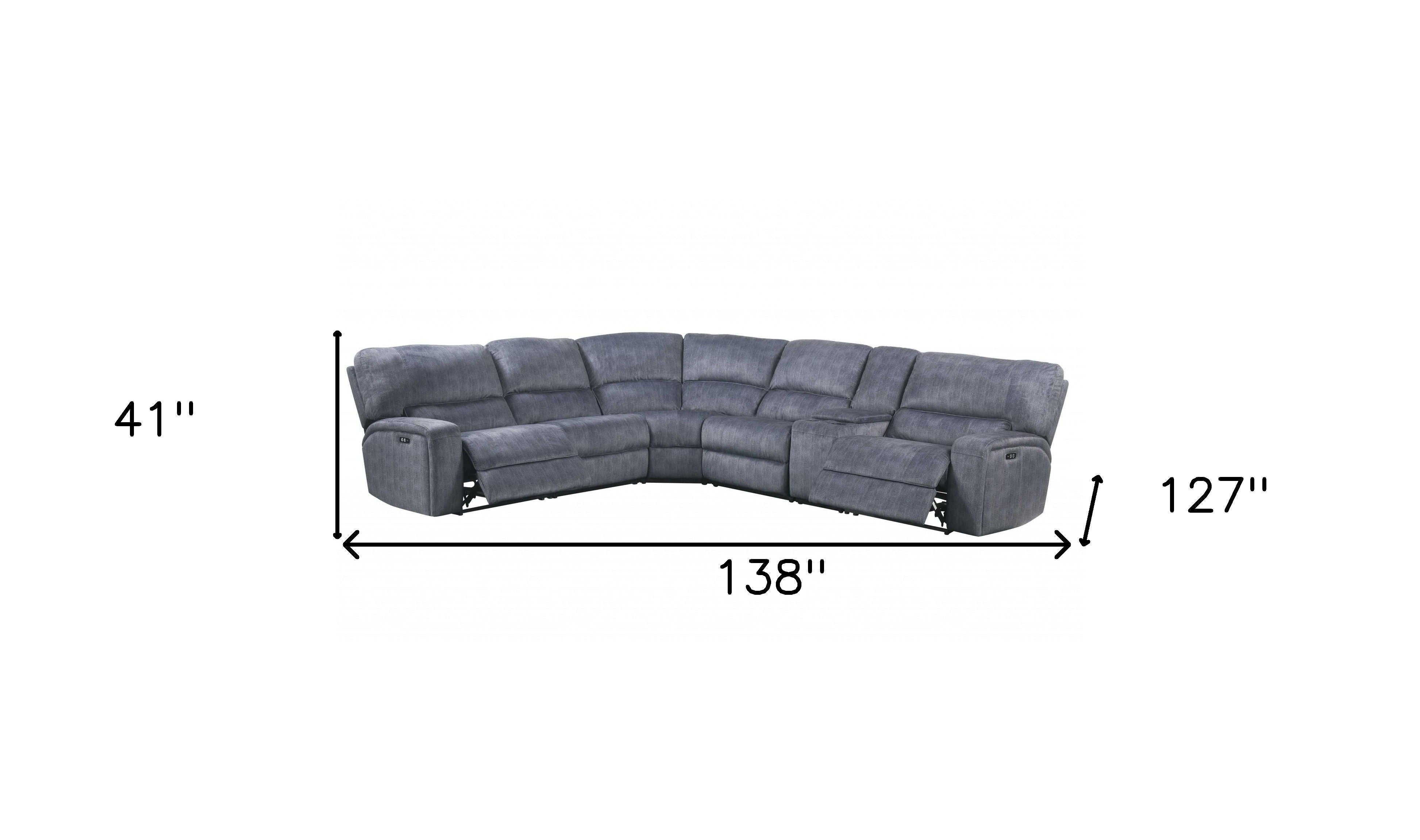 Velvet Power Reclining L Shaped Six Piece Corner Sectional With Console - Slate Blue