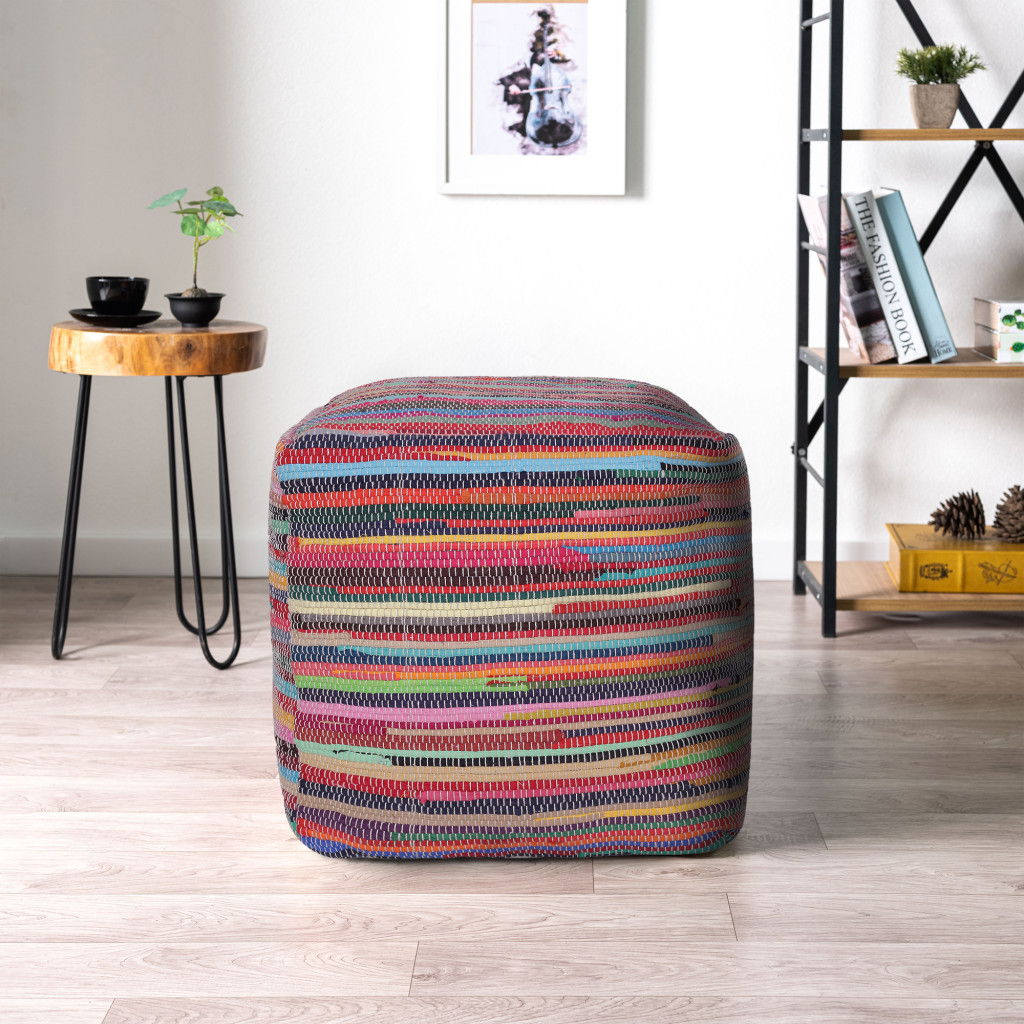 Cotton Cube Striped Pouf Ottoman - Red