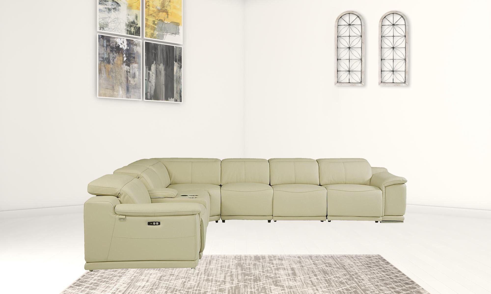 Italian Leather Power Reclining U Shaped Seven Piece Corner Sectional With Console - Beige