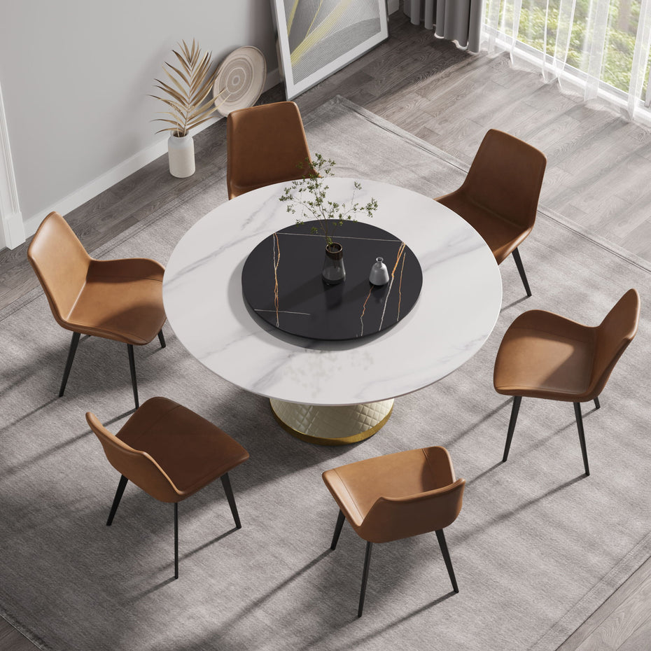 Modern Artificial Stone Round Carbon Steel Base Dining Table, Artificial Stone Turntable