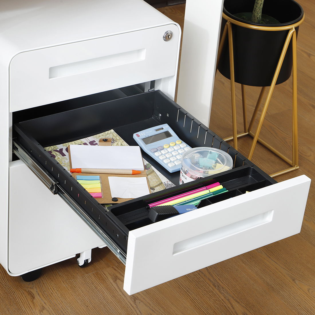 3 Drawer Mobile File Cabinet Under Desk Office, Simple Style Versatile Storage Cabinet For Legal / Letter / A4 Files, 5 Wheel Design Anti-Tilting Cold Rolled Steel Waterproof Moisture-Proof