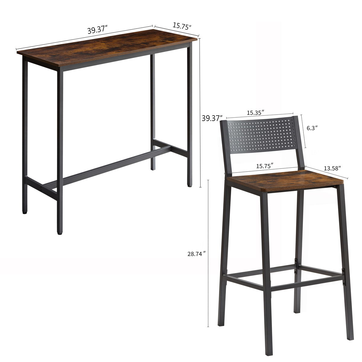 Bar Stool And Bar 3 Piece Set, Industrial Style Bar Stool With Backrest, Iron Wood Structure Furniture, Suitable For Bars, Kitchens - Antique Brown / Black