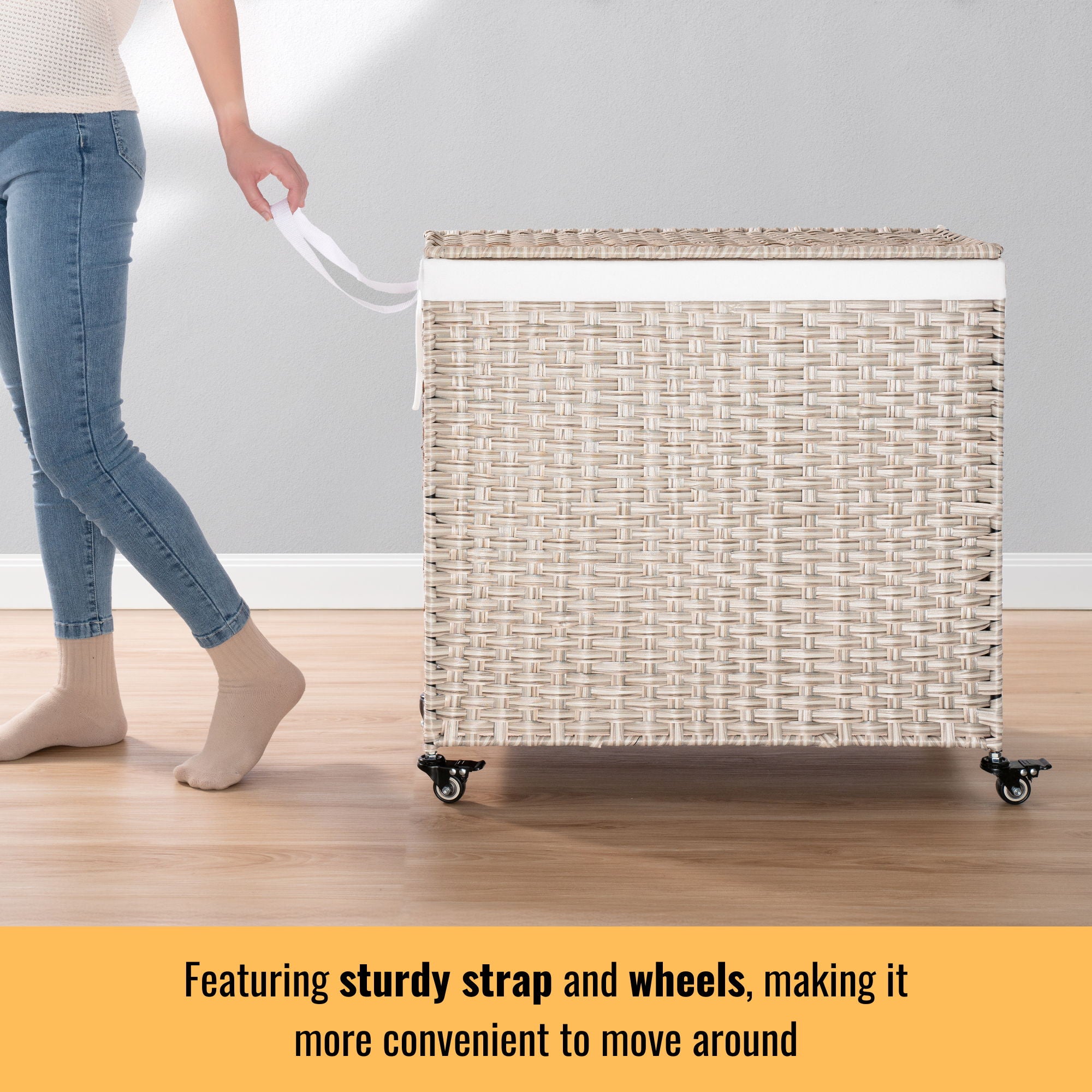 Laundry Hamper With Lid PE Rattan Powder Coating Frame Clothes Hampers With 2 Removable Bags